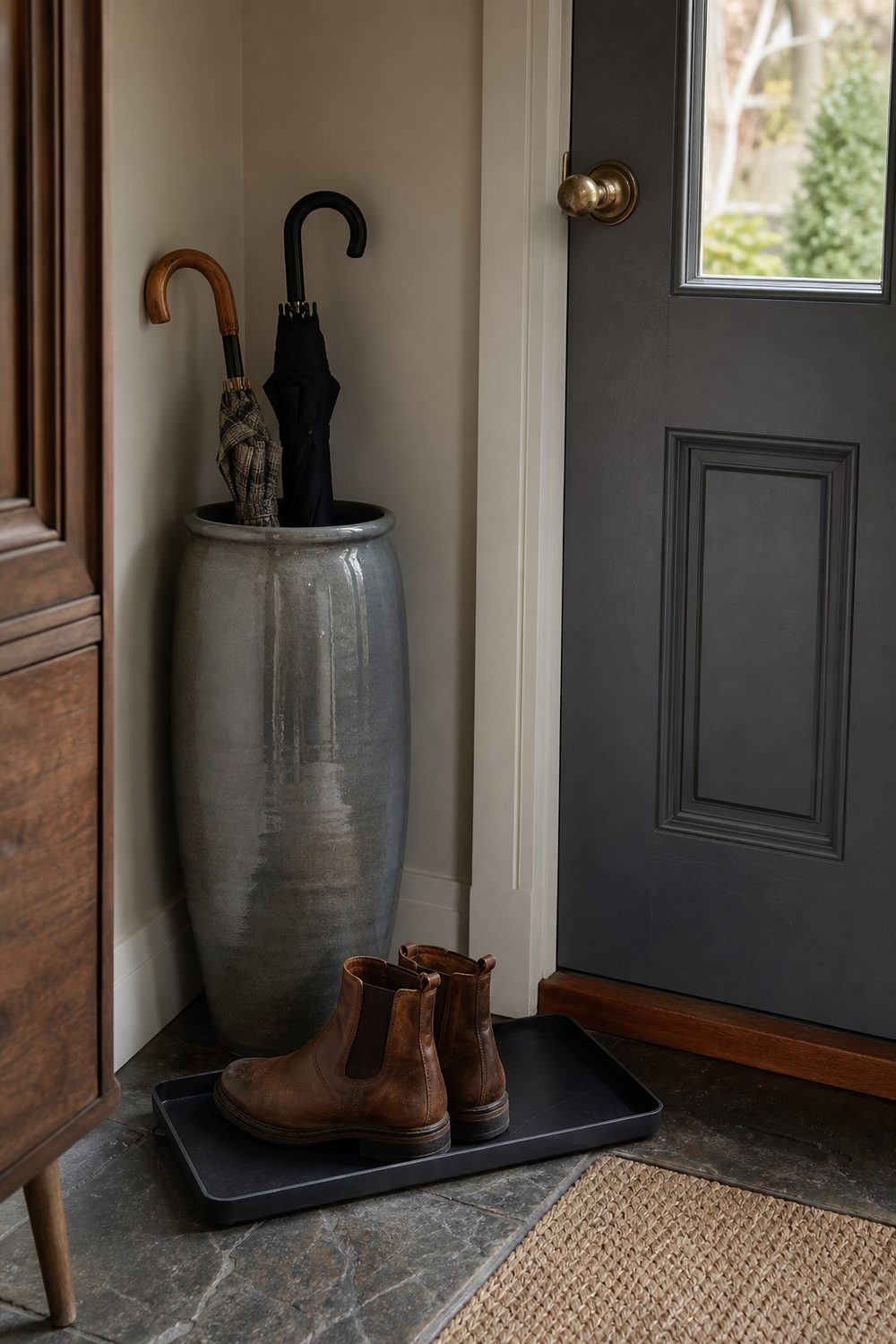 Glazed gray ceramic umbrella stand and a raised-edge boot tray with boots styled beside a front door in soft neutral daylight