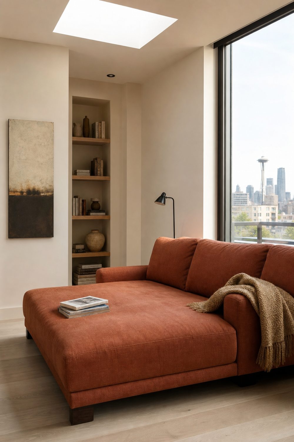 Terracotta linen chaise lounge sofa with one extended stretch-out seat in a compact reading corner