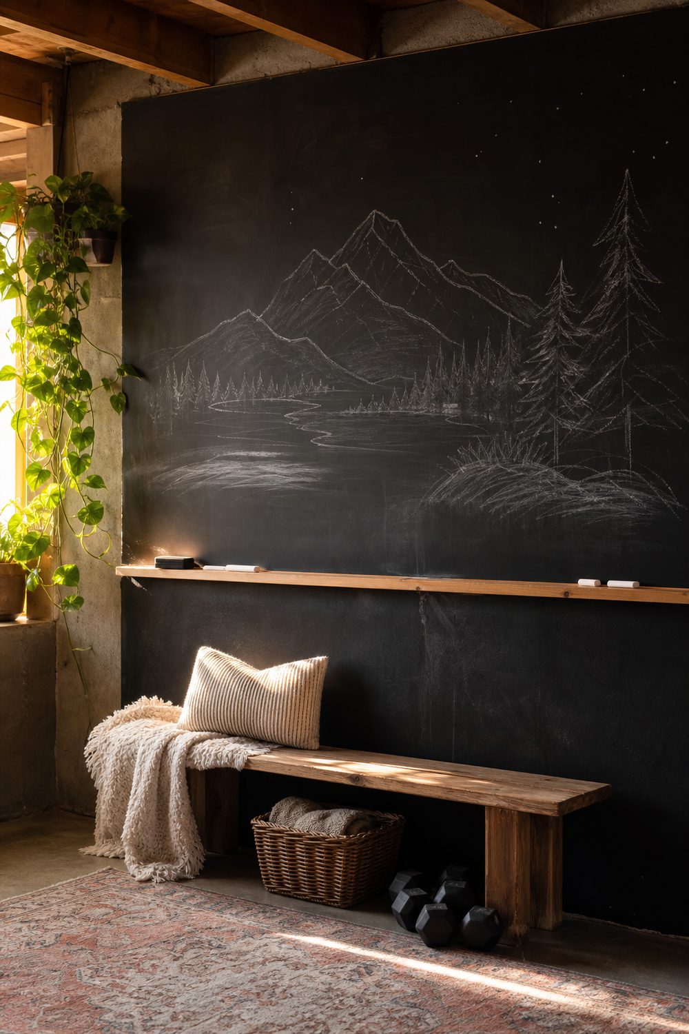 Matte black chalkboard accent wall in a basement with a wood chalk ledge, a bench and a trailing plant styled below