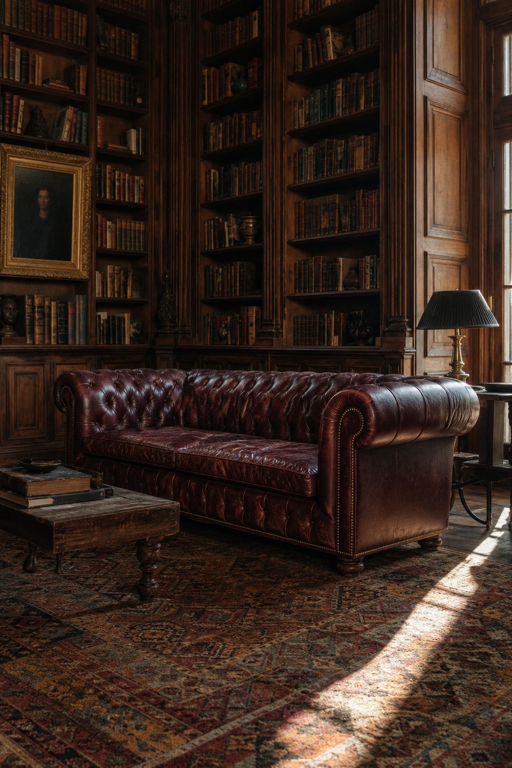 Oxblood leather Chesterfield sofa with deep diamond button tufting and rolled arms in a formal library, one of the classic couch styles