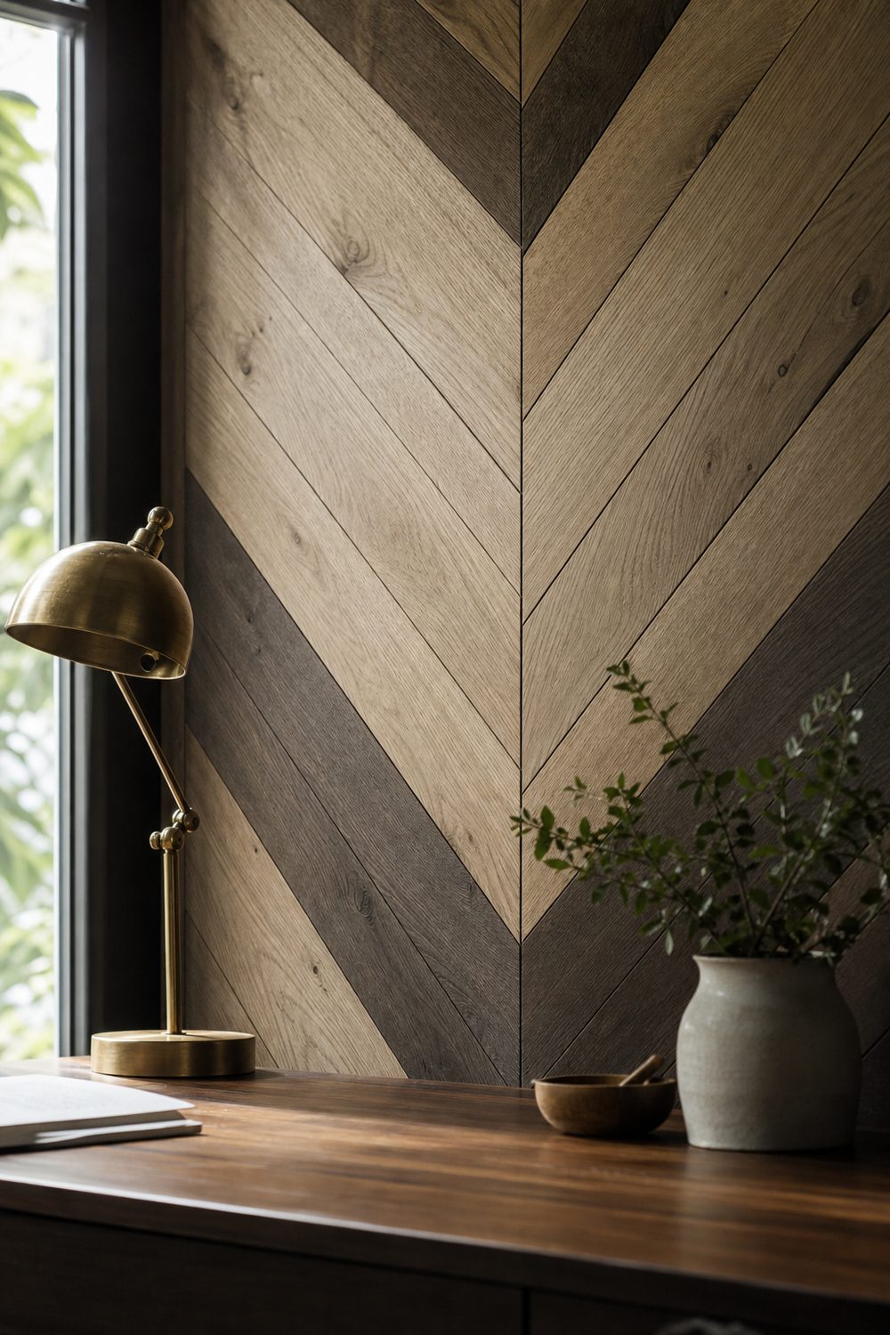 Two-tone oak chevron wood plank accent wall with mirrored points behind a walnut desk in a home office