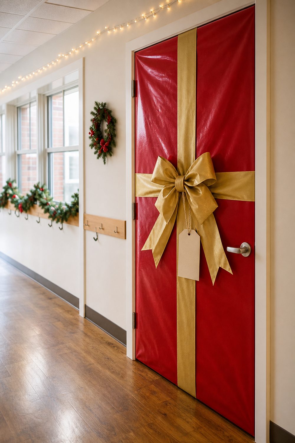 Christmas classroom door wrapped in deep red paper with wide gold satin ribbon and large hand tied bow at center