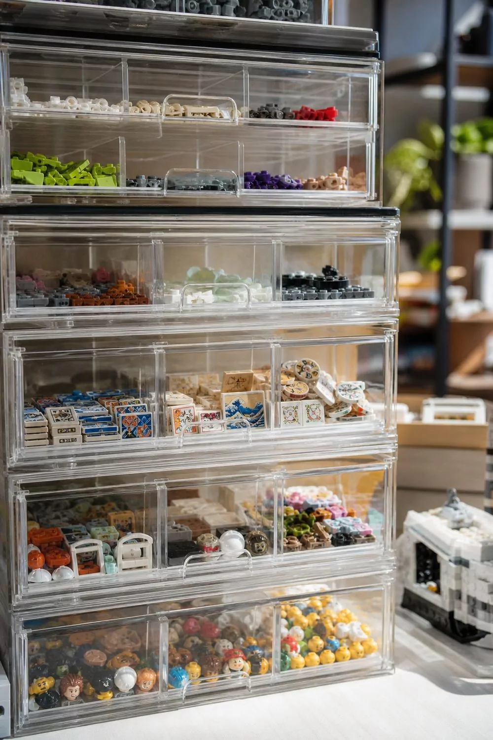 Stack of clear acrylic sorting drawers with removable dividers holding colorful building bricks, printed tiles and minifigure accessories