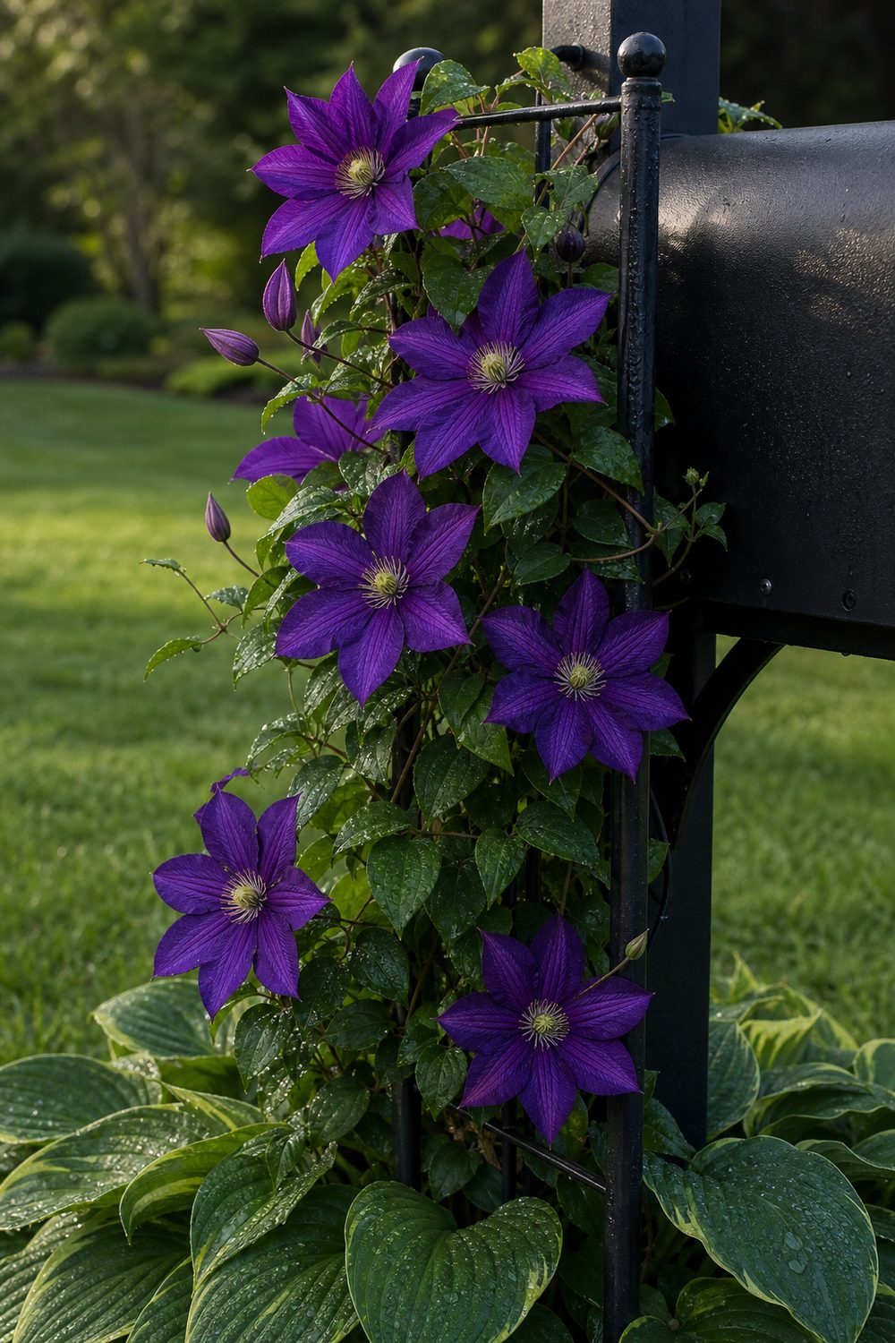 Climbing clematis vine trained up a black mailbox post with purple blooms and a small trellis at the base