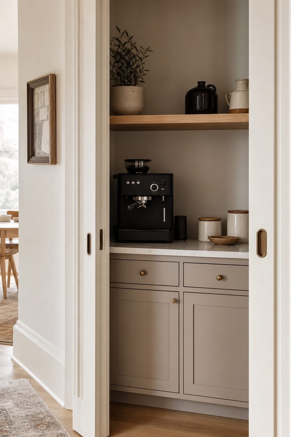 Closet converted coffee bar with a small counter, upper shelf, pocket doors, matte black machine, and canisters