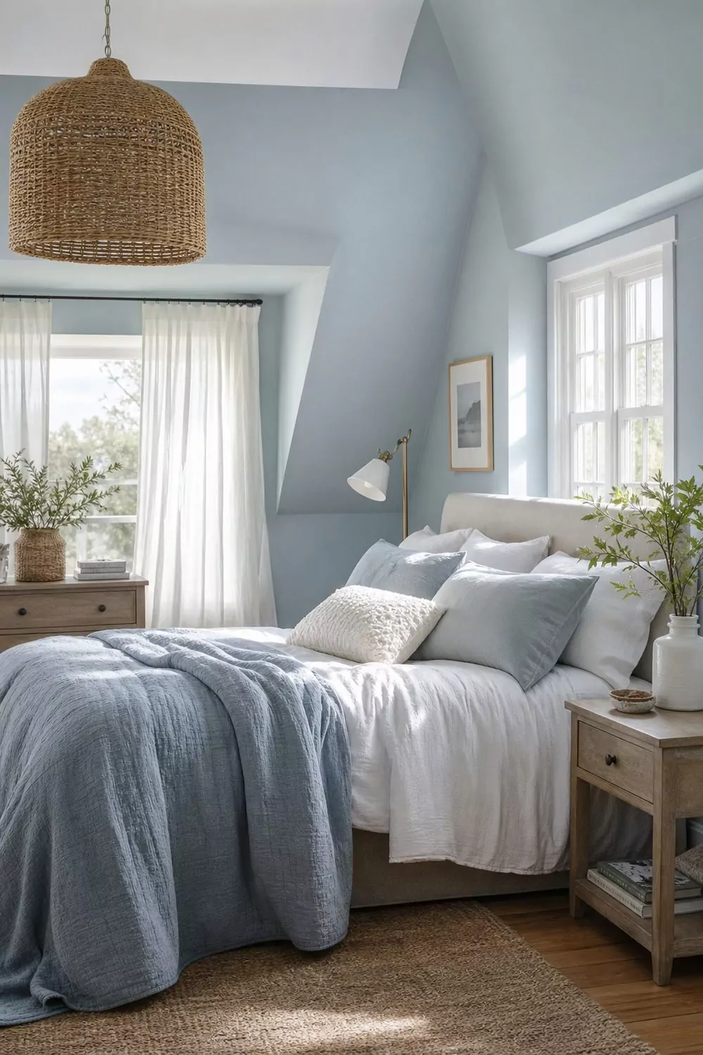 Coastal attic bedroom in soft pale blue with white linen bedding, washed oak nightstand, woven pendant and sheer dormer curtains