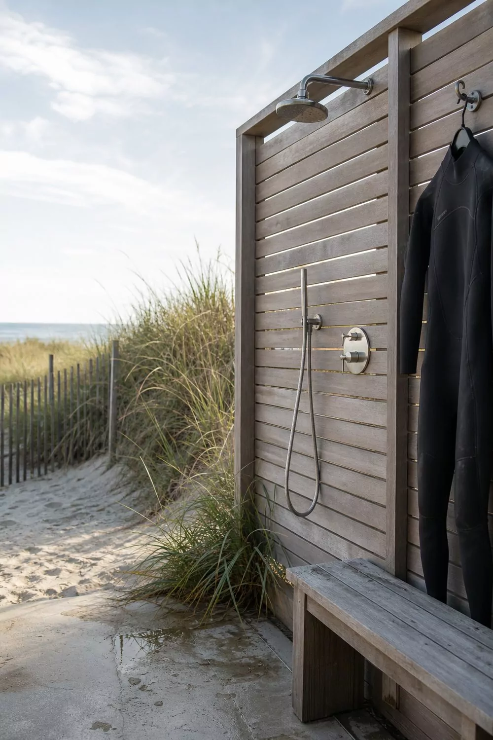 Coastal beach house outdoor shower with silvered teak slat walls, marine stainless fixtures and a bench, dune grasses beyond, morning light