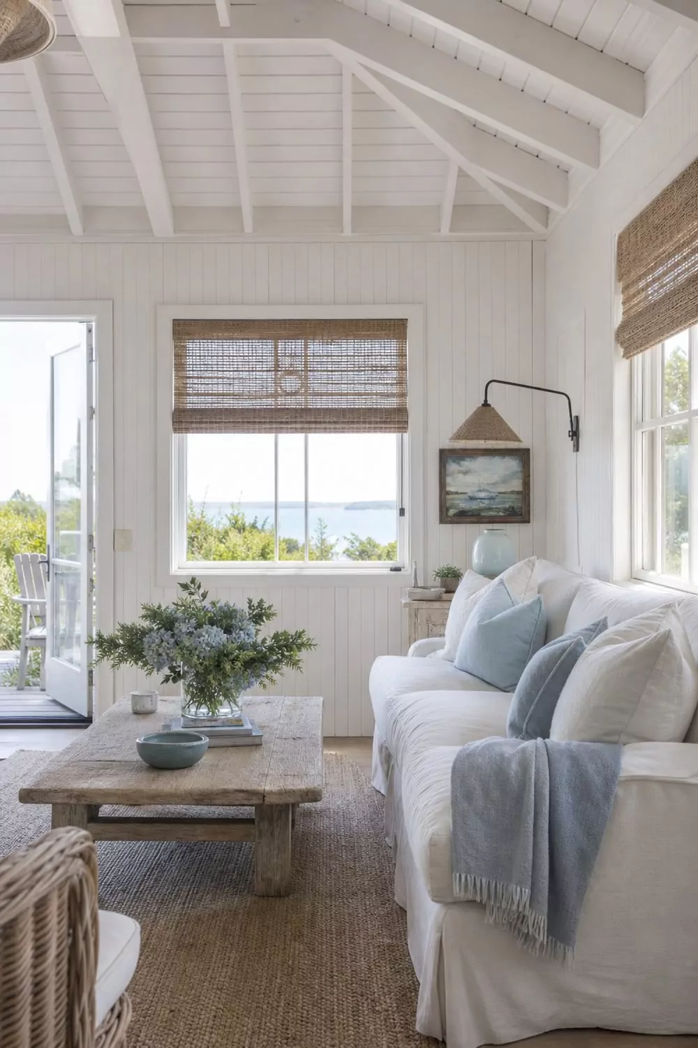 Coastal cottage she shed with soft white beadboard walls, pale blue cushions, a slipcovered sofa, and natural woven shades