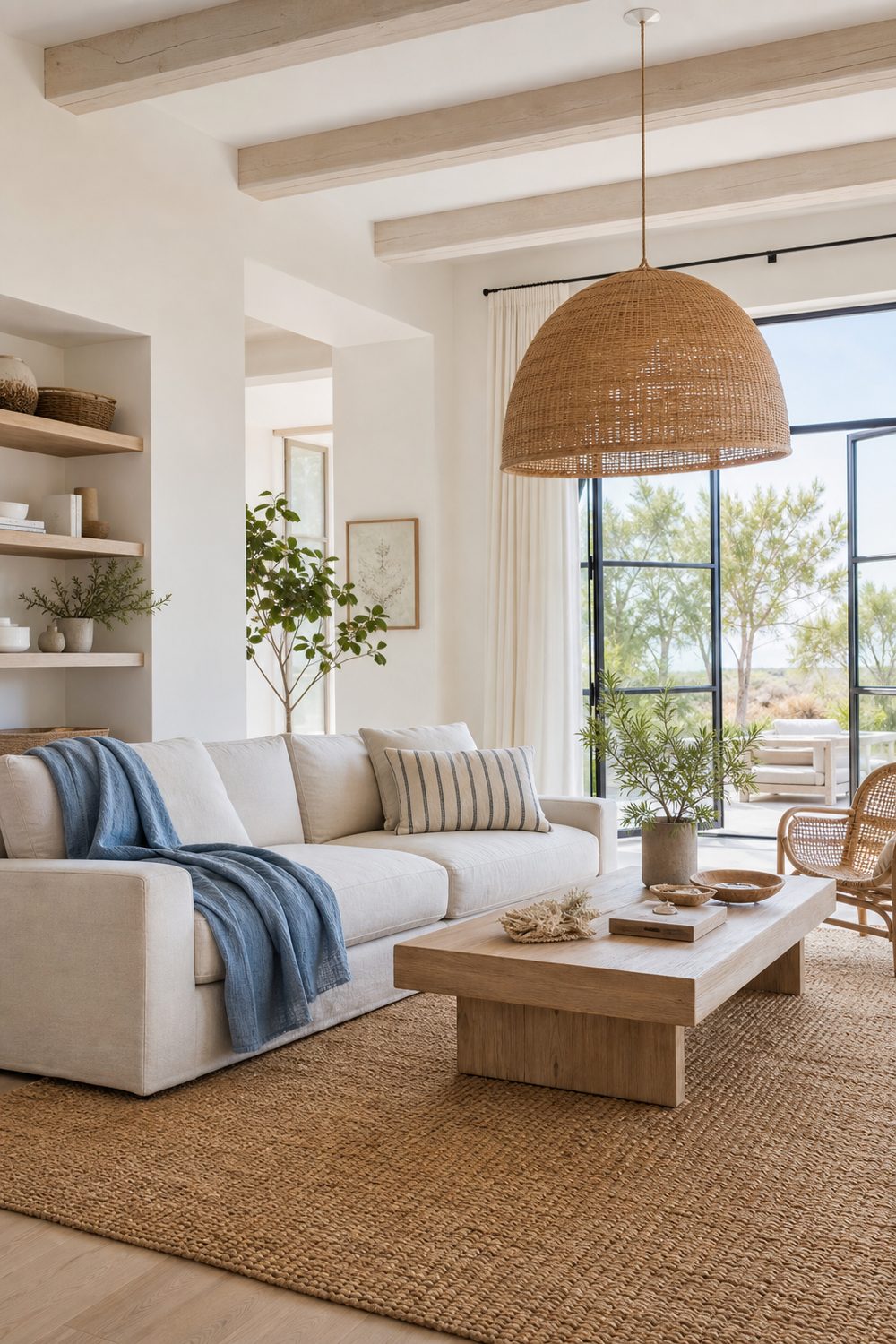 Coastal IKEA living room with an off-white linen sofa, washed oak coffee table, woven pendant, and soft blue accents