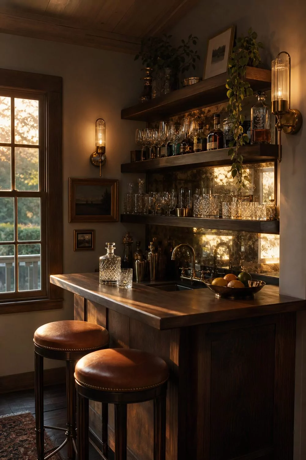 Cocktail bar she shed with a dark walnut counter, floating shelves of glassware, brass sconces, and leather-topped bar stools