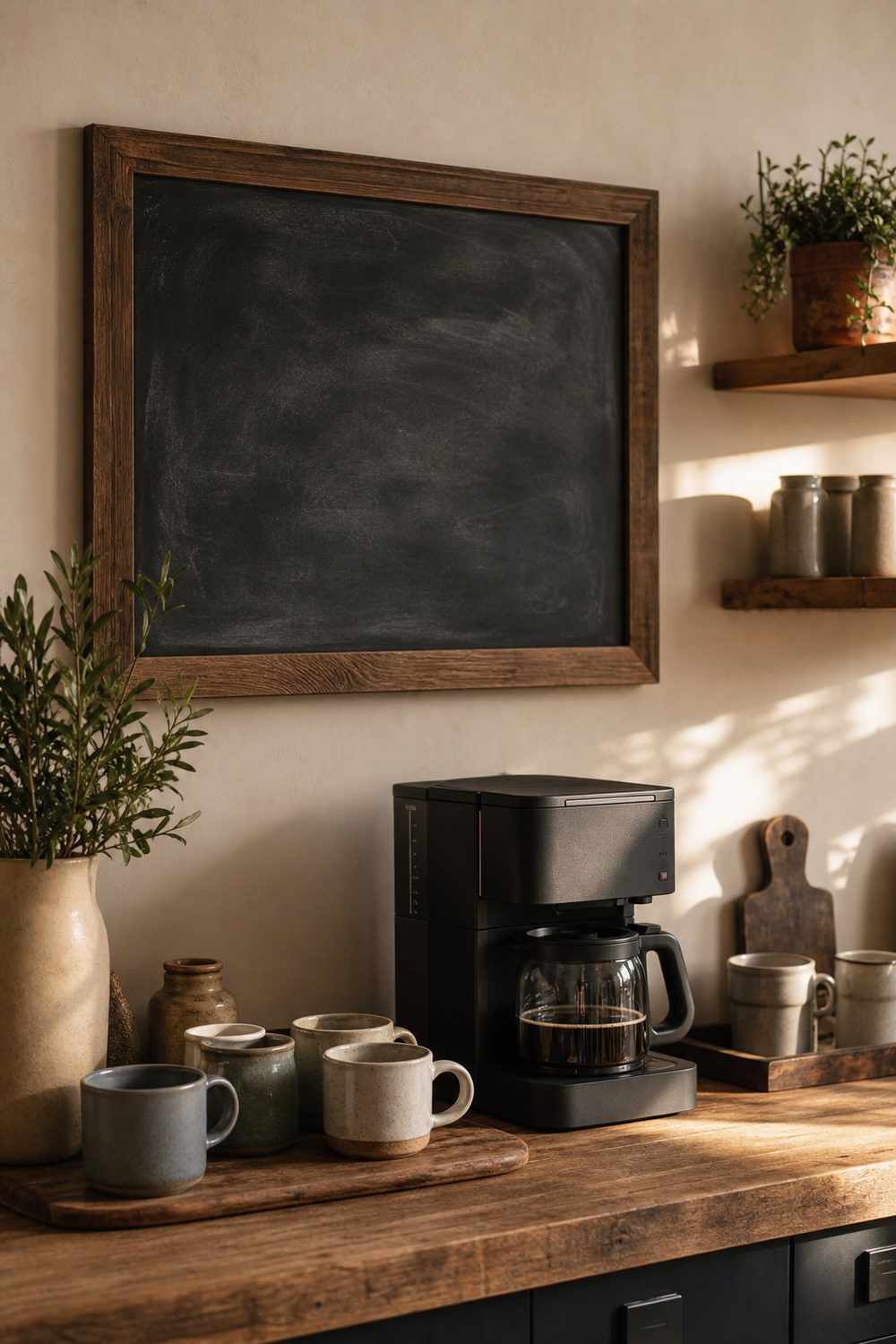 Casual coffee bar with a framed chalkboard above a warm wood counter holding mugs and a matte drip machine