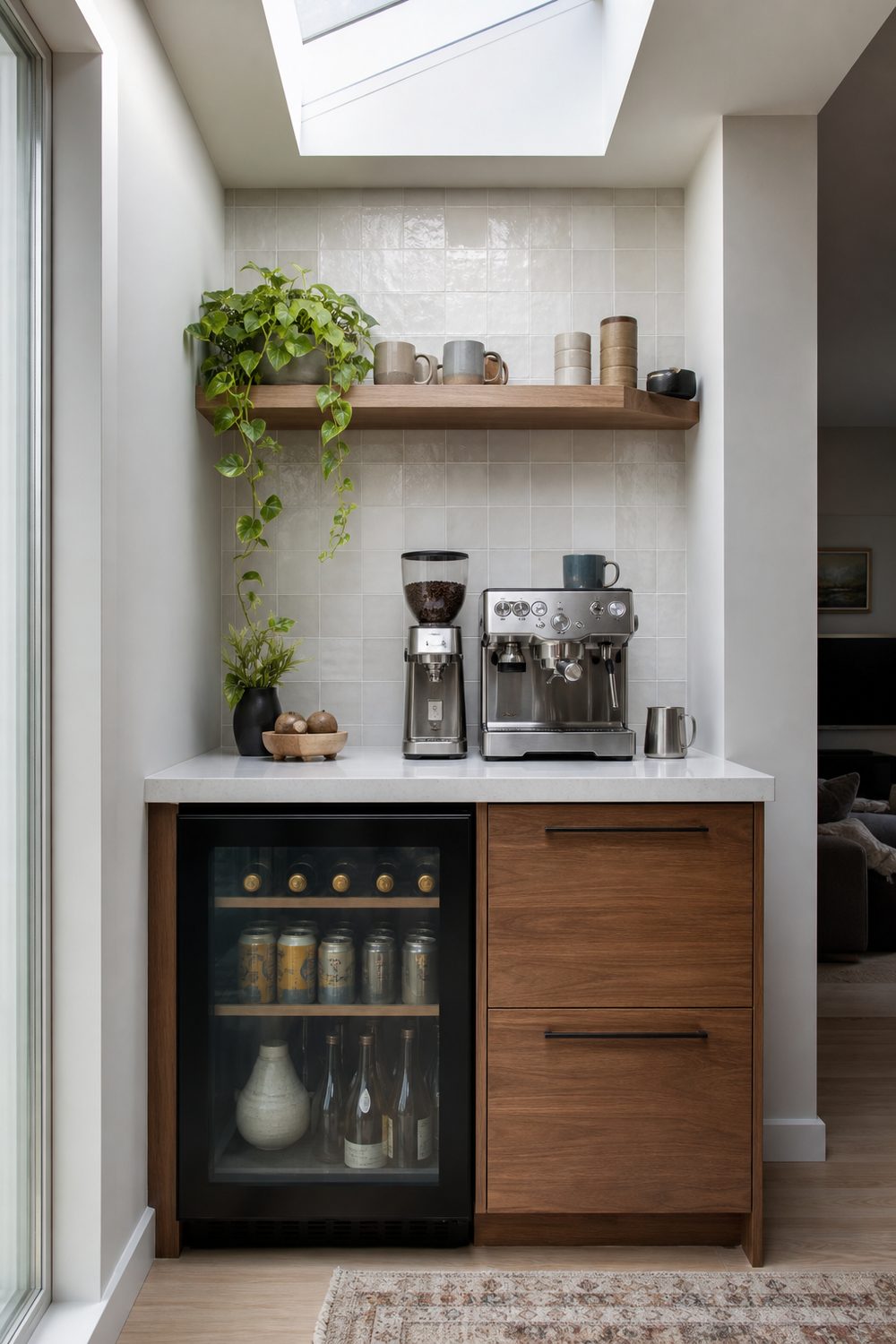 Home coffee bar with a black undercounter mini fridge below a quartz counter and an espresso machine above