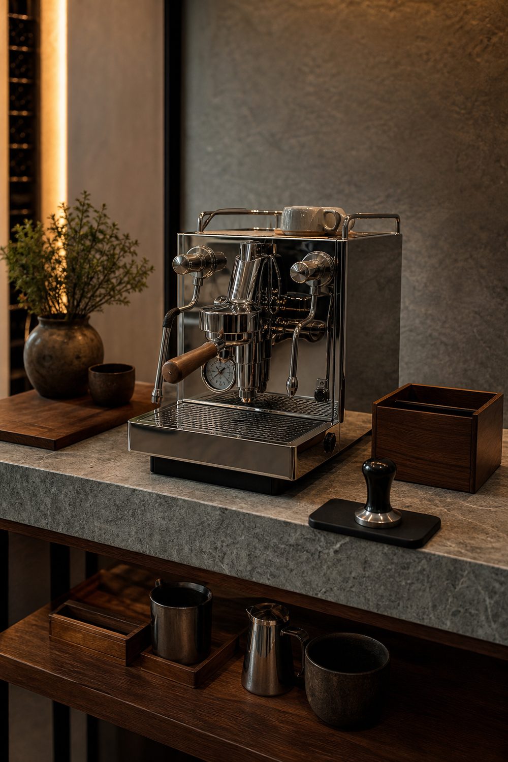 Coffee station with a stainless steel espresso machine displayed on a wide stone top with a knock box and tamper mat