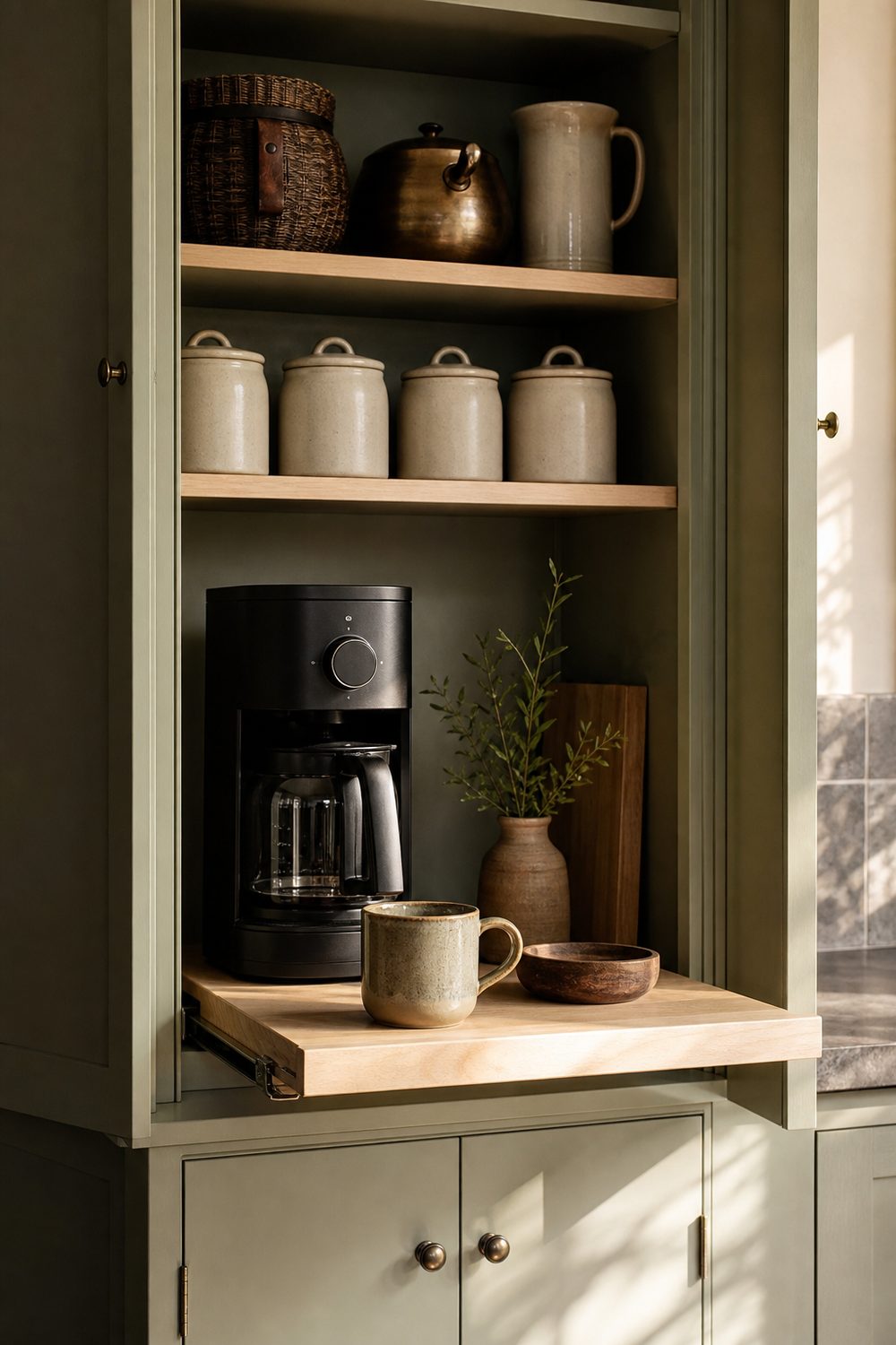 Coffee station inside a sage green pantry cabinet with a drip machine on a pull-out shelf and ceramic canisters