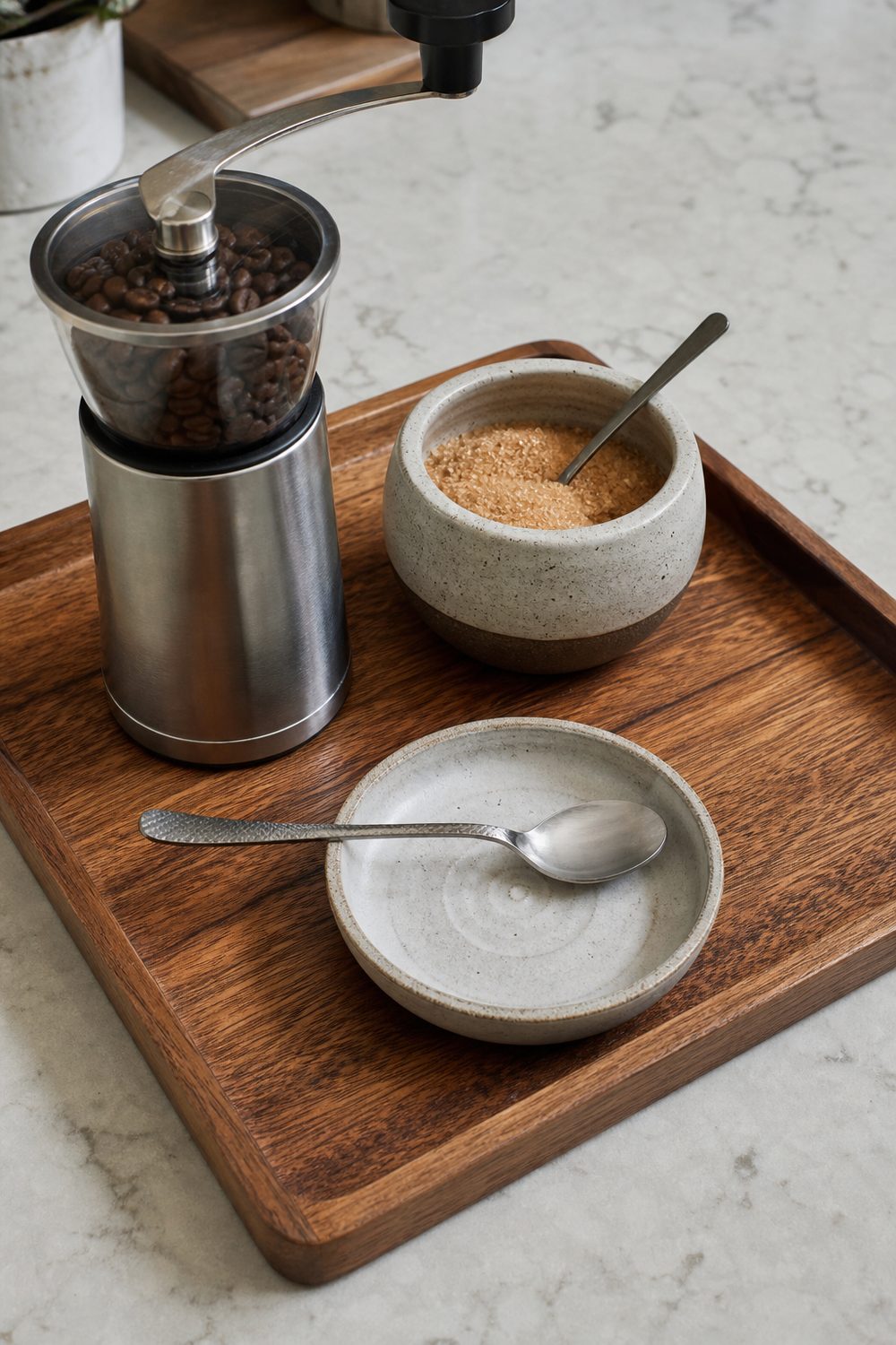 Coffee station tray styling with a wood tray on quartz holding a grinder, ceramic sugar bowl, and spoon rest