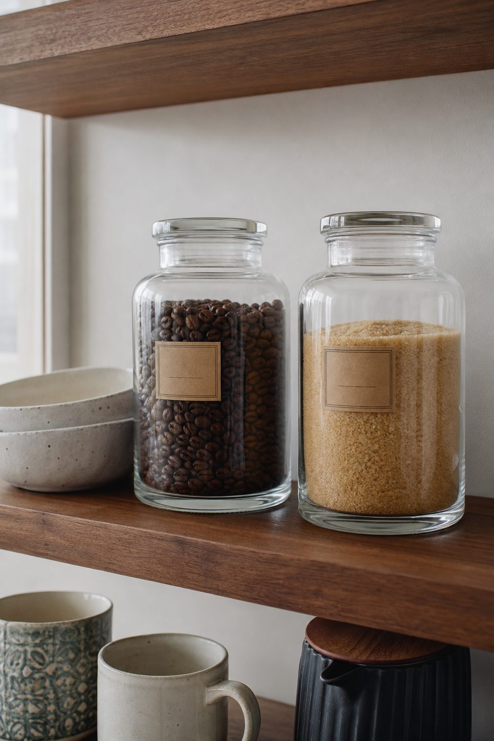 Coffee station detail with matching thick glass airtight canisters of whole beans on a walnut shelf
