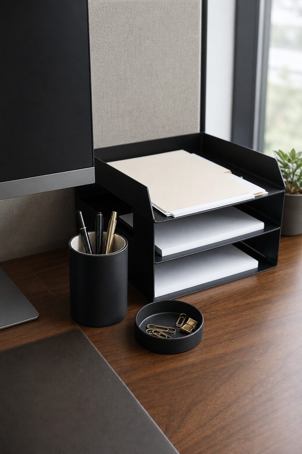 Matte black desk organizer set with pen cup, file tray, and catchall on a walnut desk pad beside a monitor base
