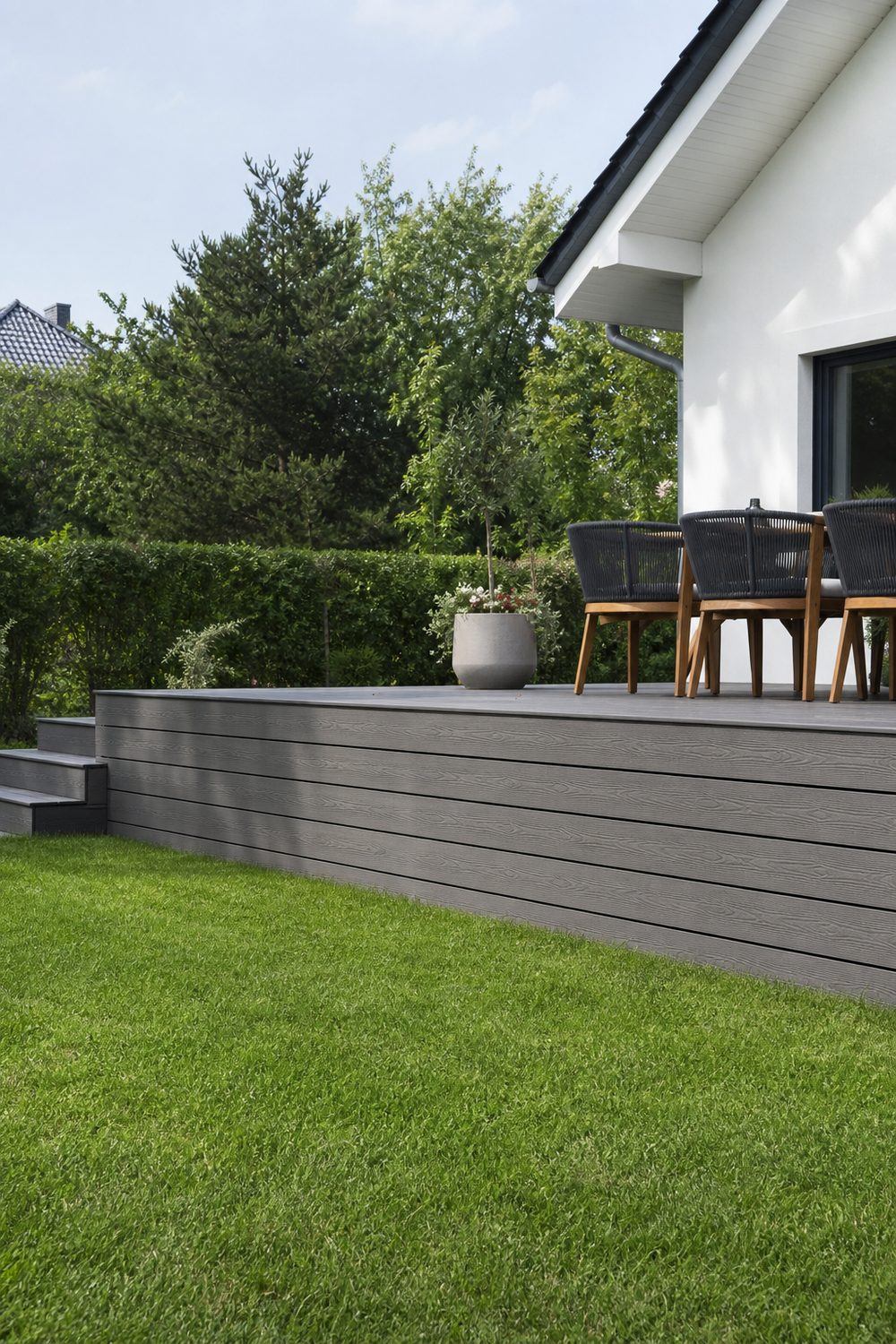 Composite Board Deck Skirting on a raised backyard deck, grey composite deck boards, bright midday diffused daylight