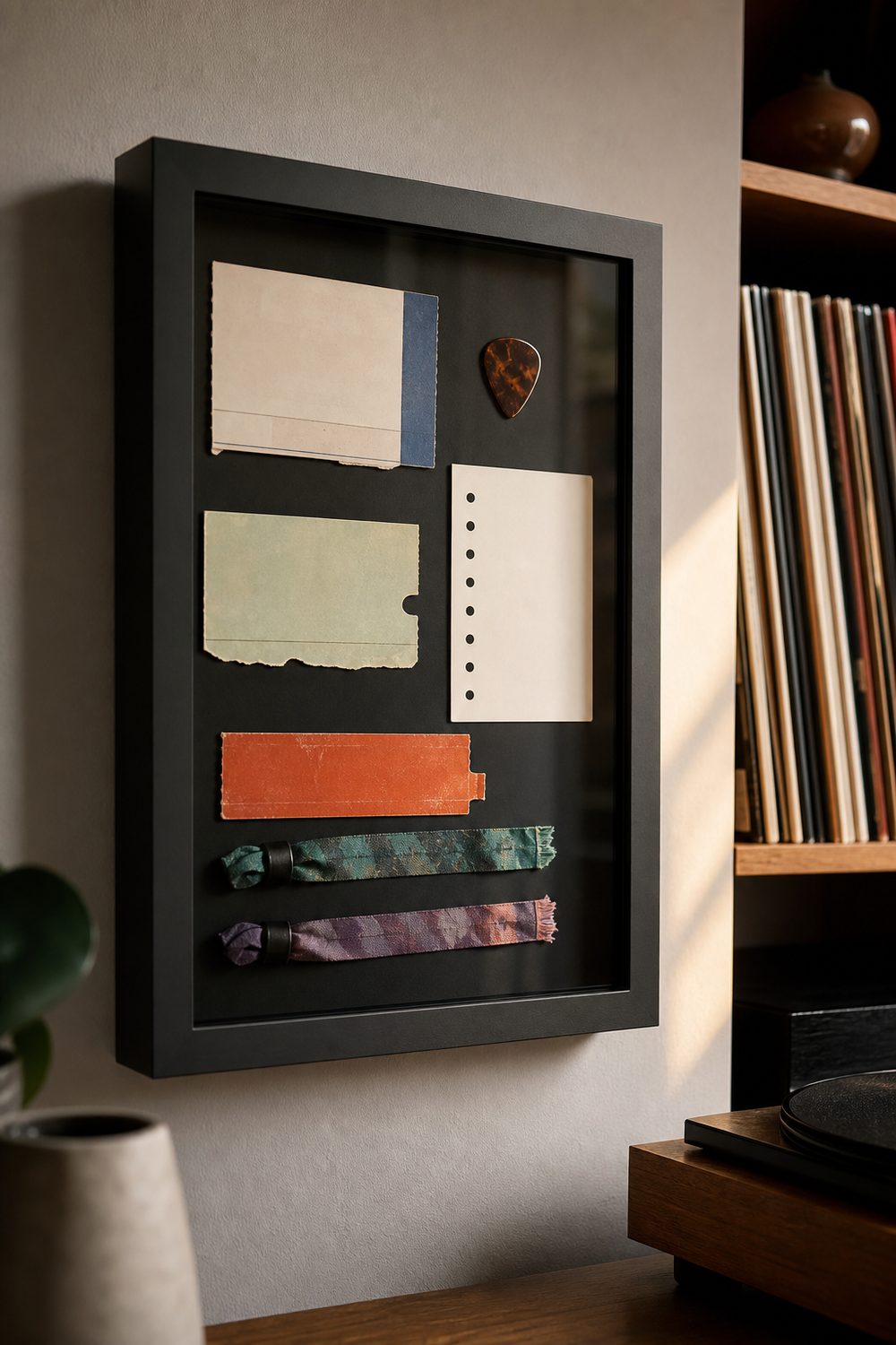 Concert shadow box with ticket stubs, festival wristbands and a guitar pick on a black backing in a charcoal frame