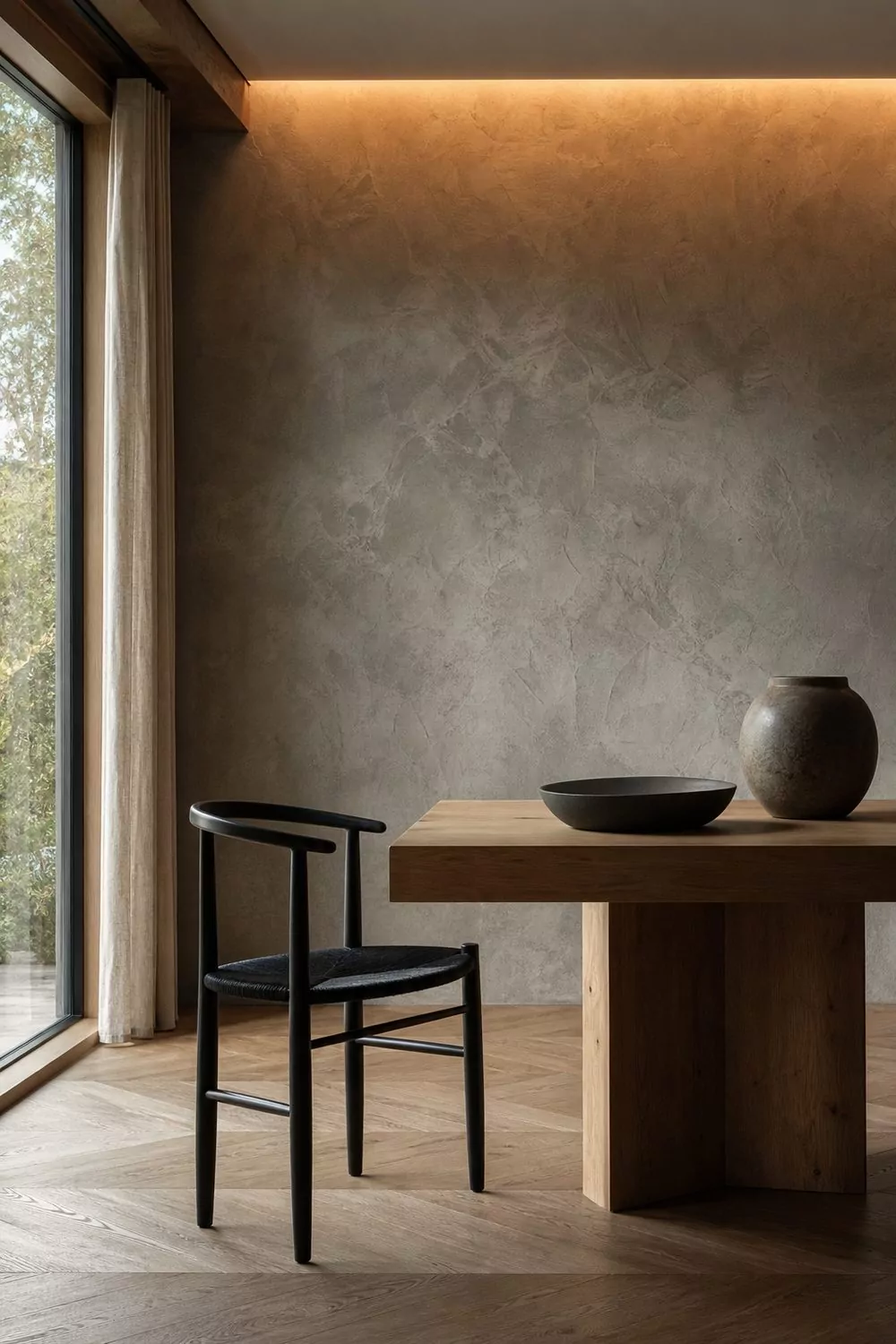 Troweled concrete plaster feature wall lit by warm grazing light behind a plain oak dining table in a contemporary dining room