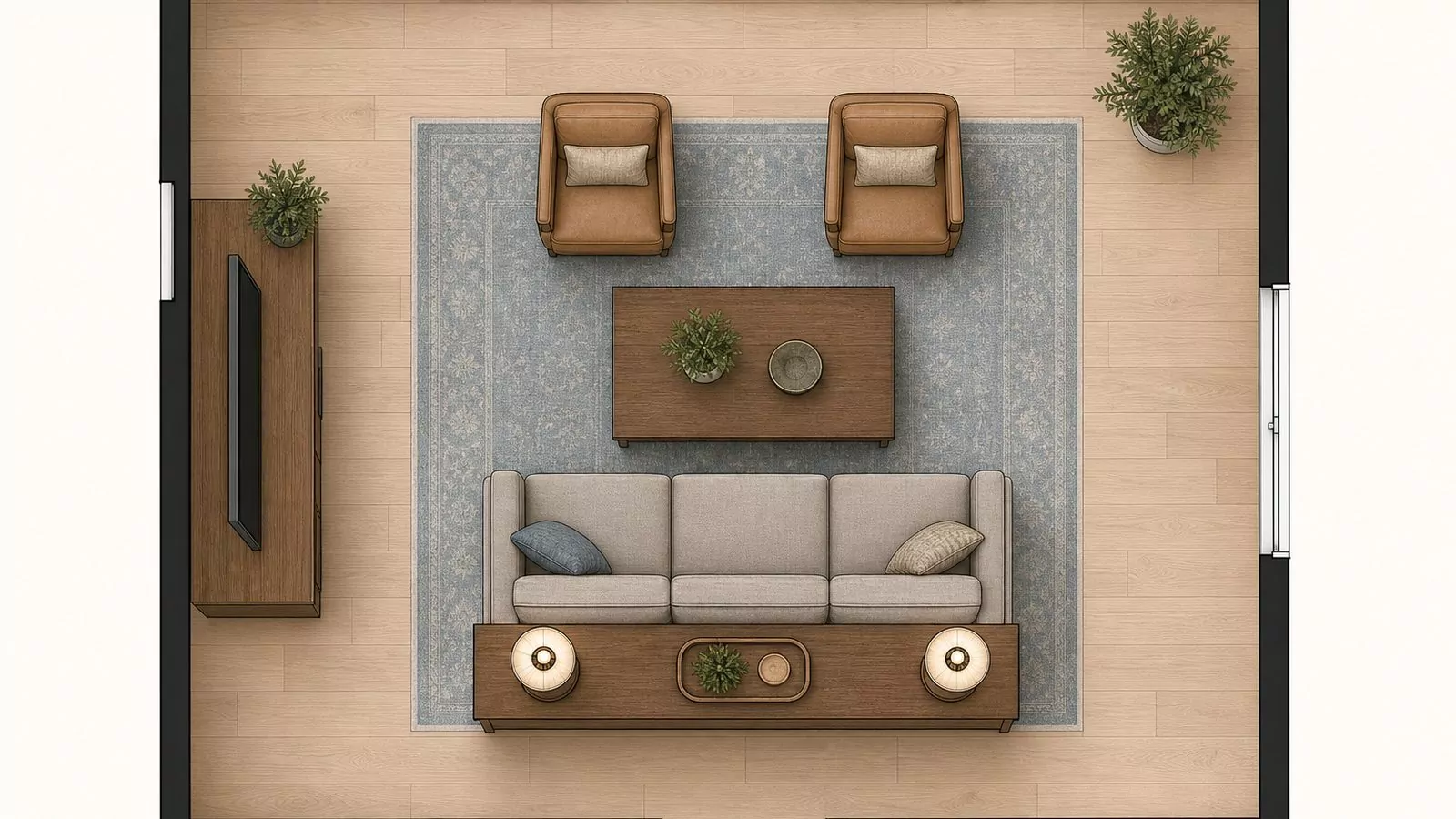 Top-down floor plan diagram with a slim console table layered directly behind a floating sofa