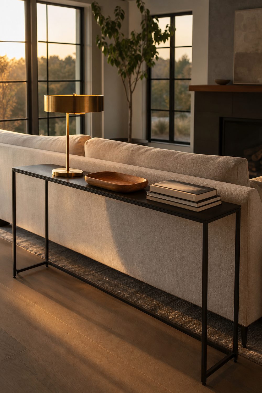 Slim console table layered behind a floating sofa styled with a lamp, tray, and books in an awkward living room layout