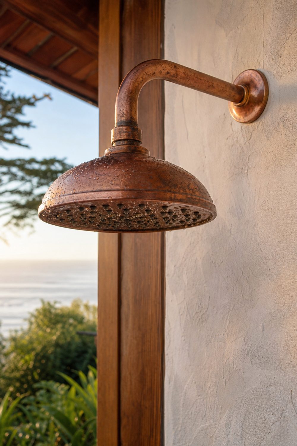 Close-up of a patinated copper outdoor shower head and arm on a limewashed wall with cedar trim in a coastal garden, soft morning light