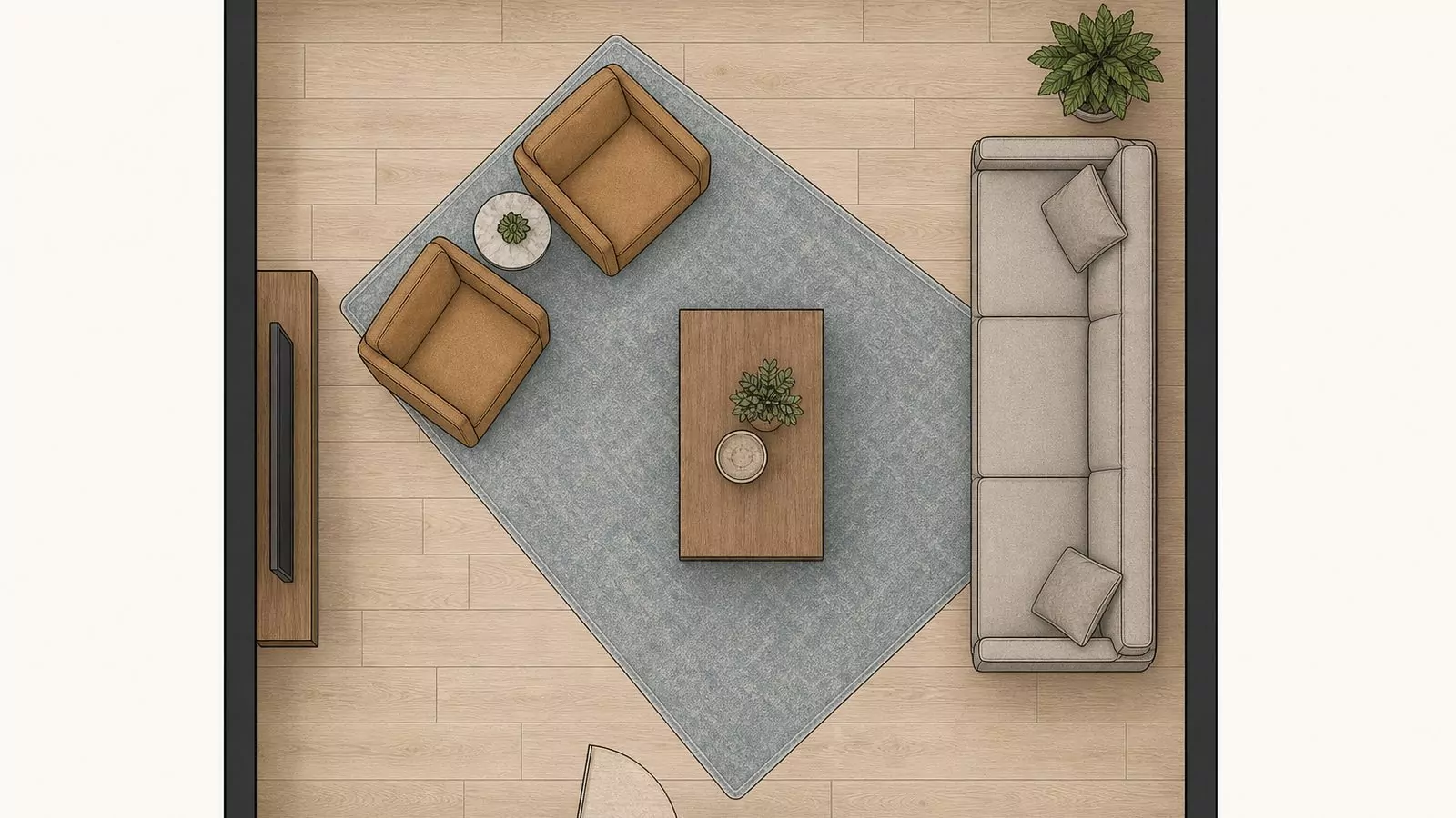 Top-down floor plan diagram with two chairs angled diagonally across a room corner and a round side table between them