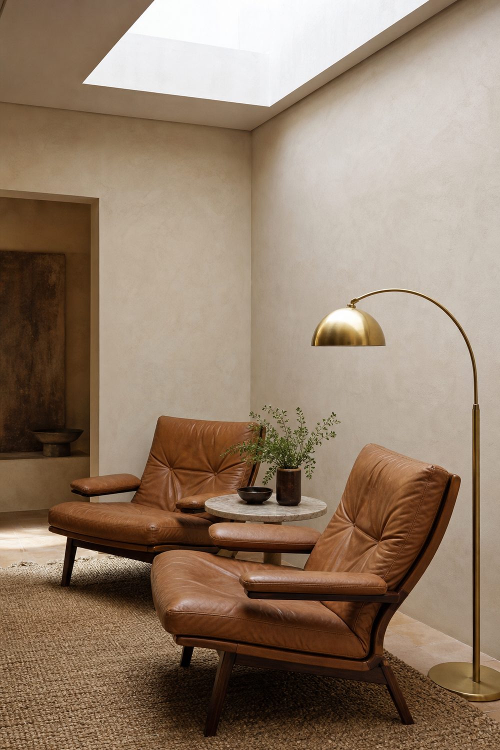 Two lounge chairs angled diagonally across a room corner with a round marble side table in an awkward living room layout