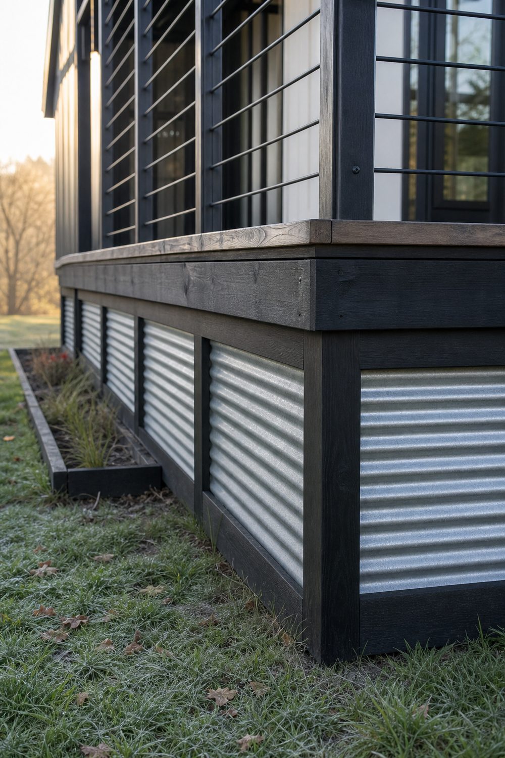 Corrugated Metal Deck Skirting Panels on a raised backyard deck, galvanized corrugated steel panels, soft morning light from the east