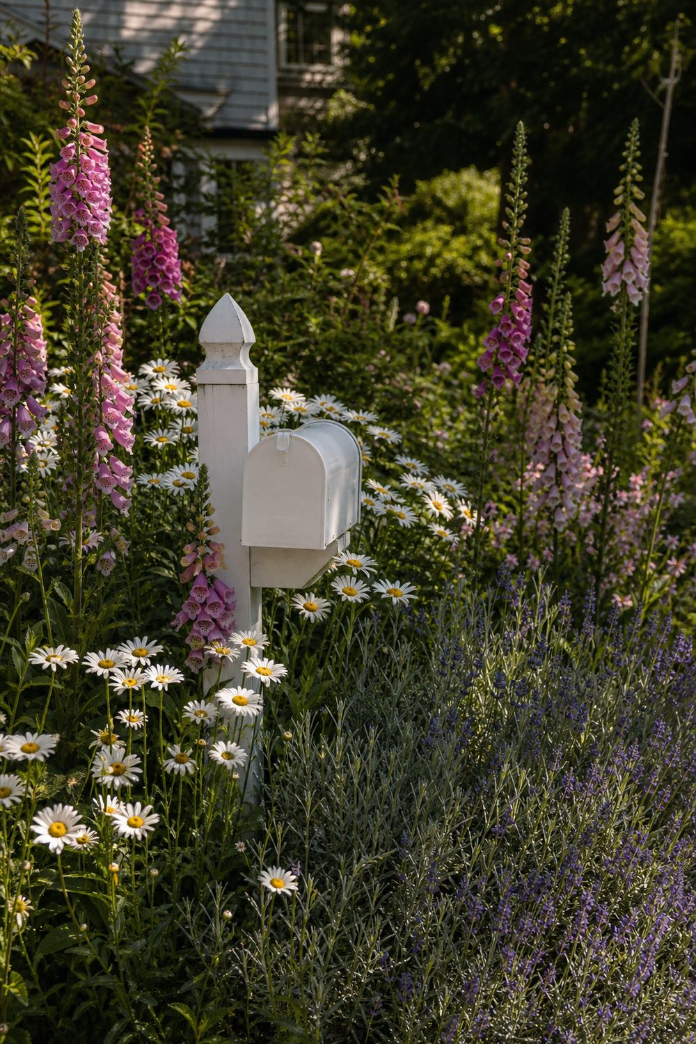 Cottage garden flower border around a white picket mailbox post with foxglove, daisies and lavender