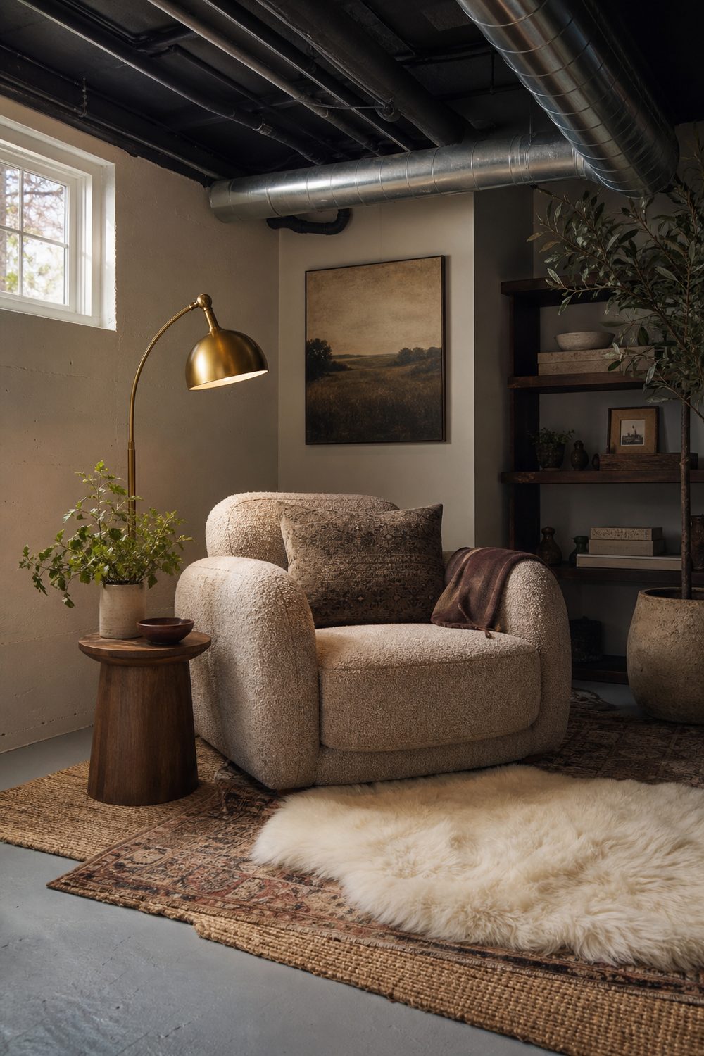 Cozy basement reading nook with layered wool and jute rugs, a nubby upholstered chair and brass arc lamp under ductwork