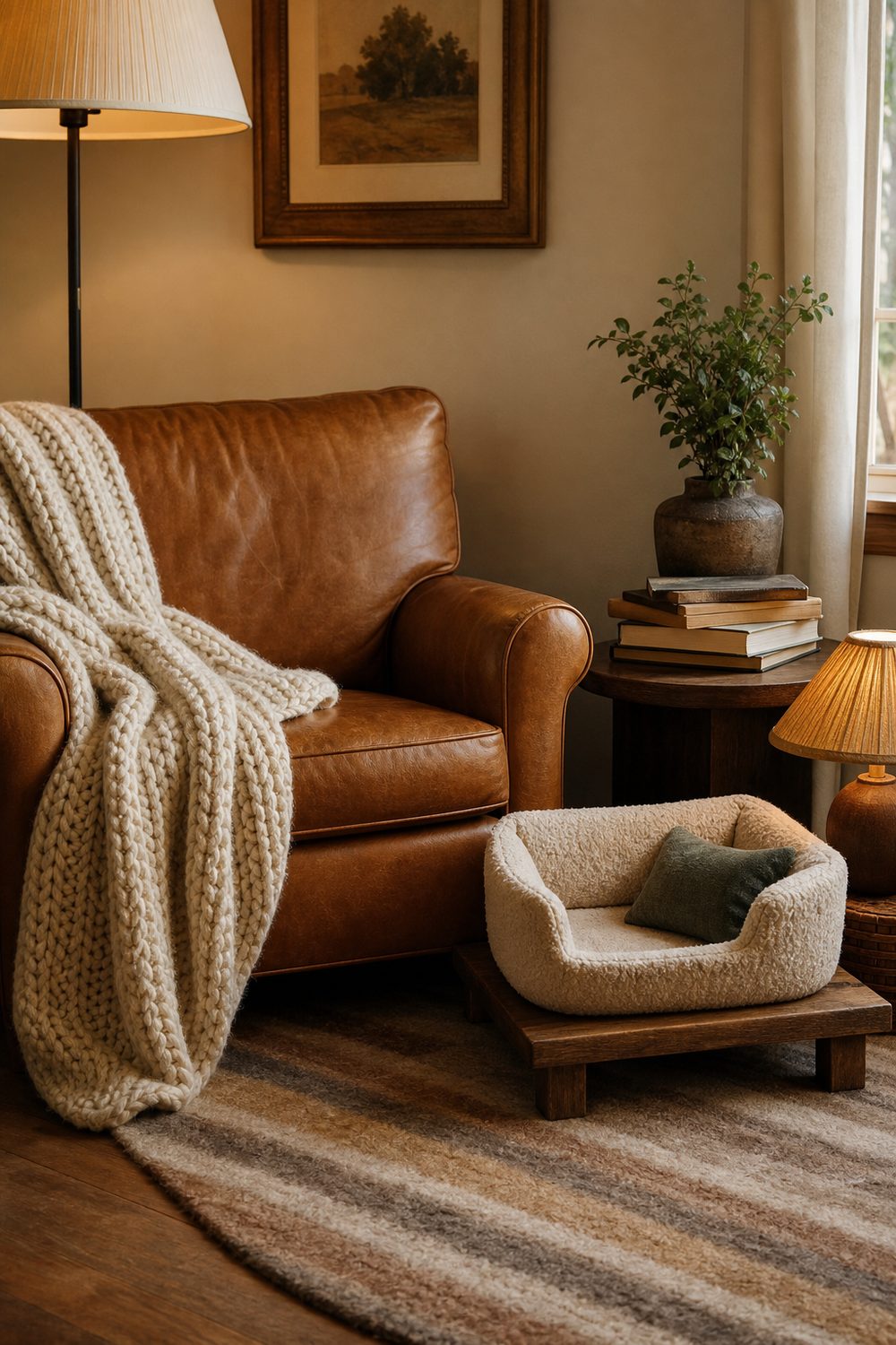 Cozy reading corner with caramel leather armchair beside a cushioned cat bed on a low wooden platform