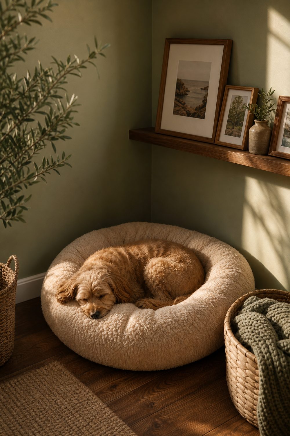 Cozy corner dog bedroom with a plush round bed against sage green walls and a knit blanket basket