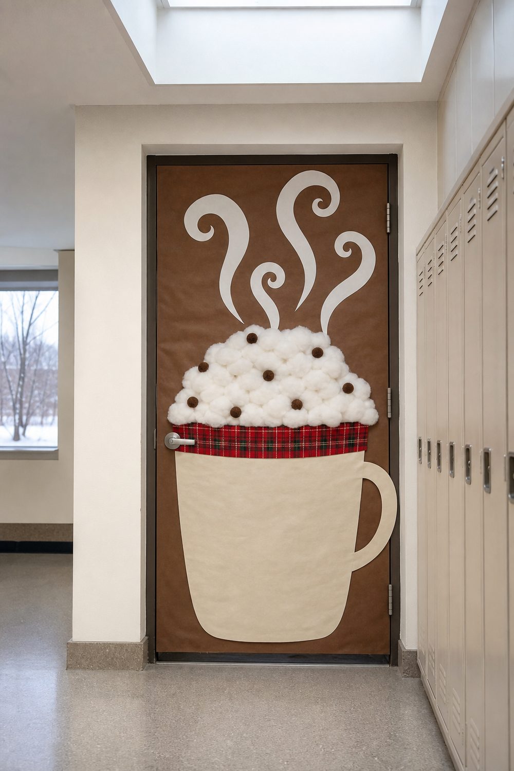 Winter classroom door decorated as giant hot cocoa mug with cotton whipped cream, pom pom marshmallows, and paper steam swirls