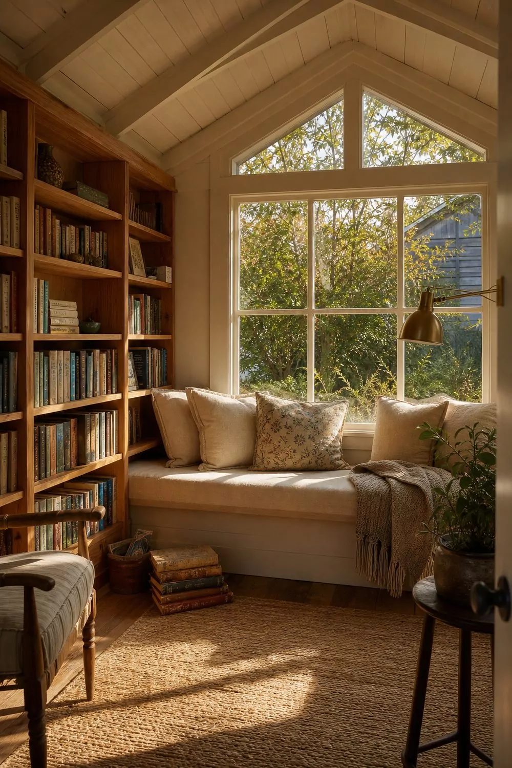 Cozy she shed reading nook with a cushioned window bench, packed pine bookshelf, knit throw, and a brass reading lamp