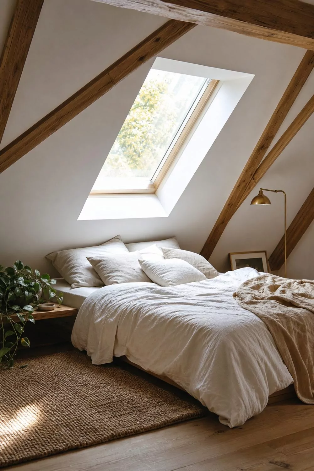 Cozy attic bedroom with a large roof skylight above a low platform bed, white and oatmeal linen bedding, honey oak beams and a jute rug