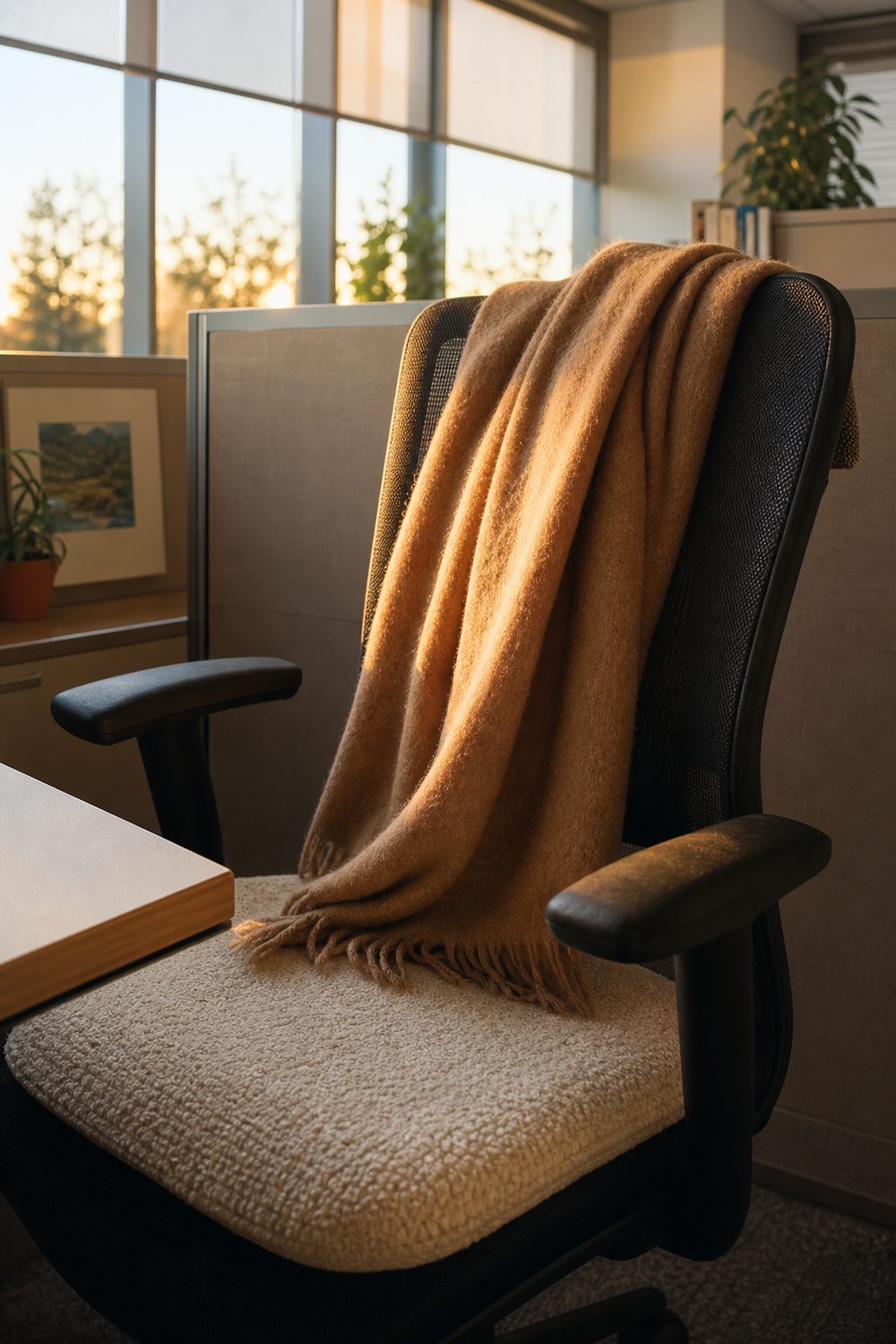 Camel wool throw draped over a black mesh office chair with a cream boucle seat cushion at a cubicle desk in warm light