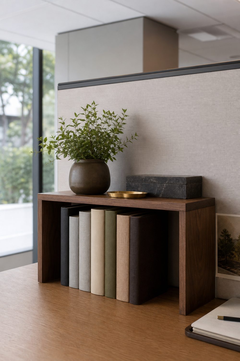 Narrow walnut desktop shelf holding six muted hardcover books, a small plant, and a stone box against a neutral cubicle panel