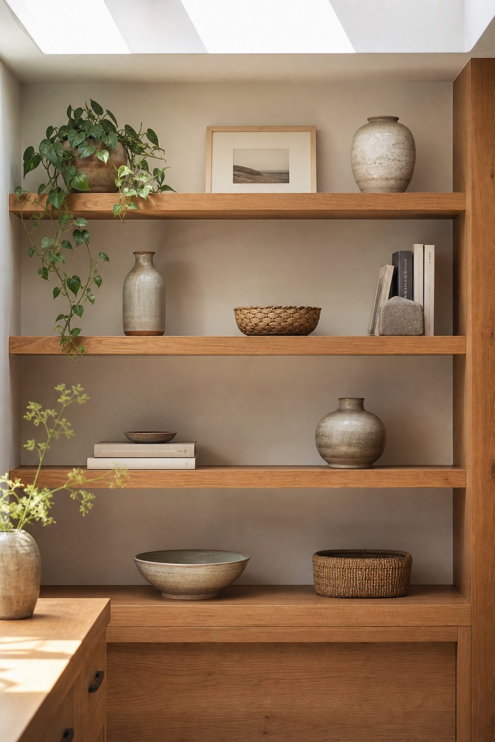 Edited bohemian open shelf styled with a few ceramic objects, stacked books, a woven basket, and a trailing plant