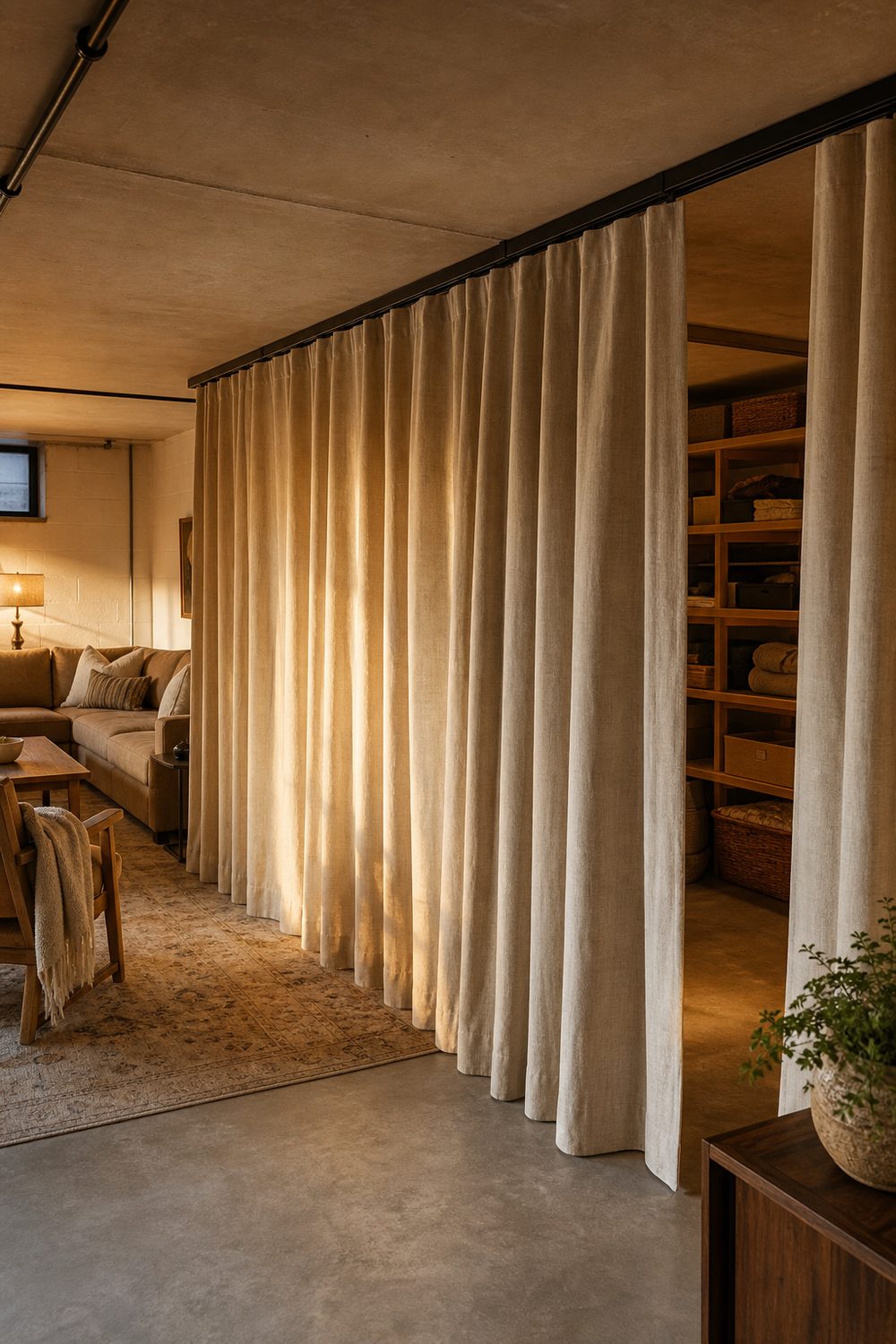 Unfinished basement divided by heavy oatmeal linen curtains on a ceiling track separating a lounge from storage