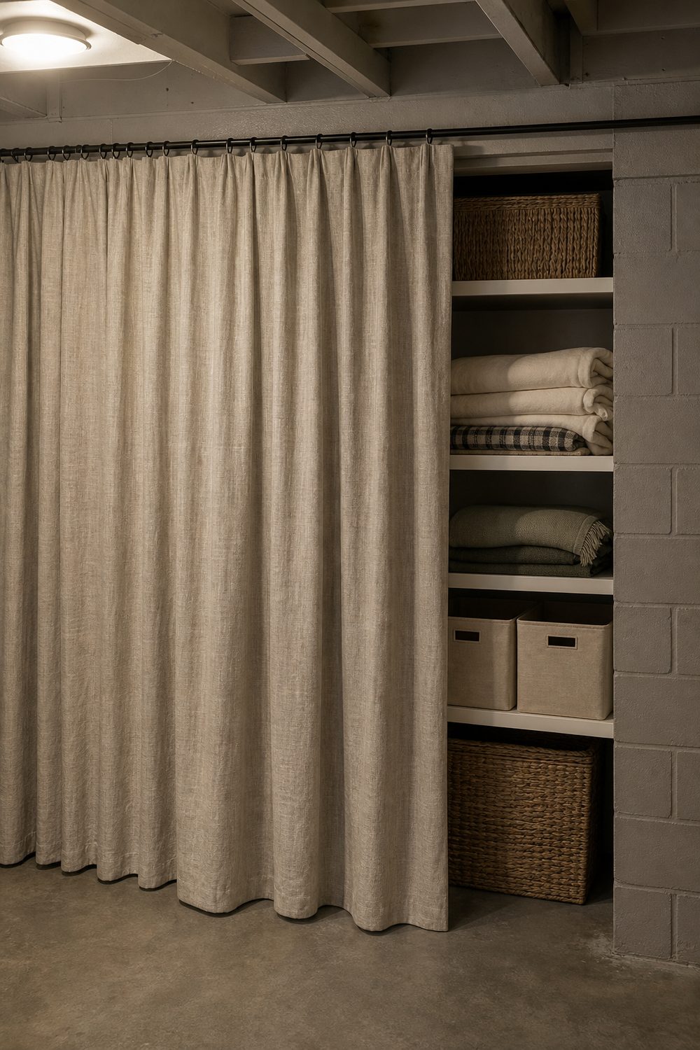 Floor length oatmeal linen curtain on a black rod drawn half open across basement storage shelves stacked with bins and folded linens