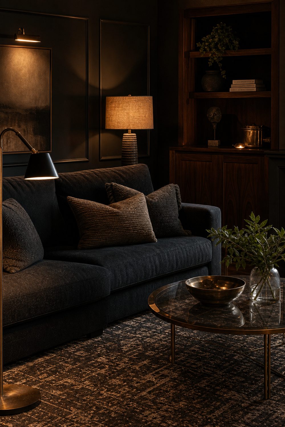 Dark moody IKEA living room with charcoal walls, charcoal upholstery, walnut storage, and warm layered lamp lighting