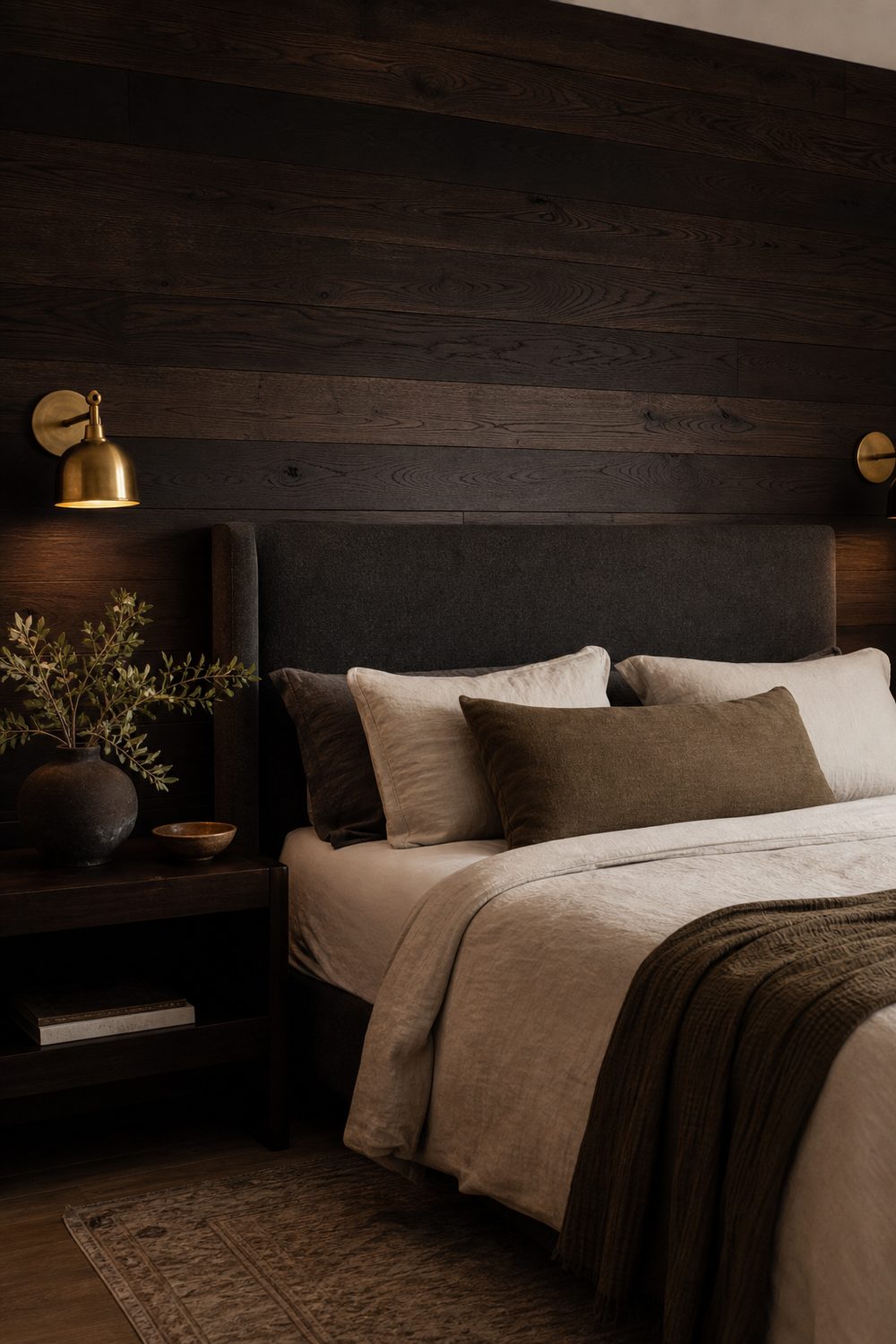 Espresso dark stained wood accent wall behind a charcoal linen headboard in a moody bedroom with warm ambient light