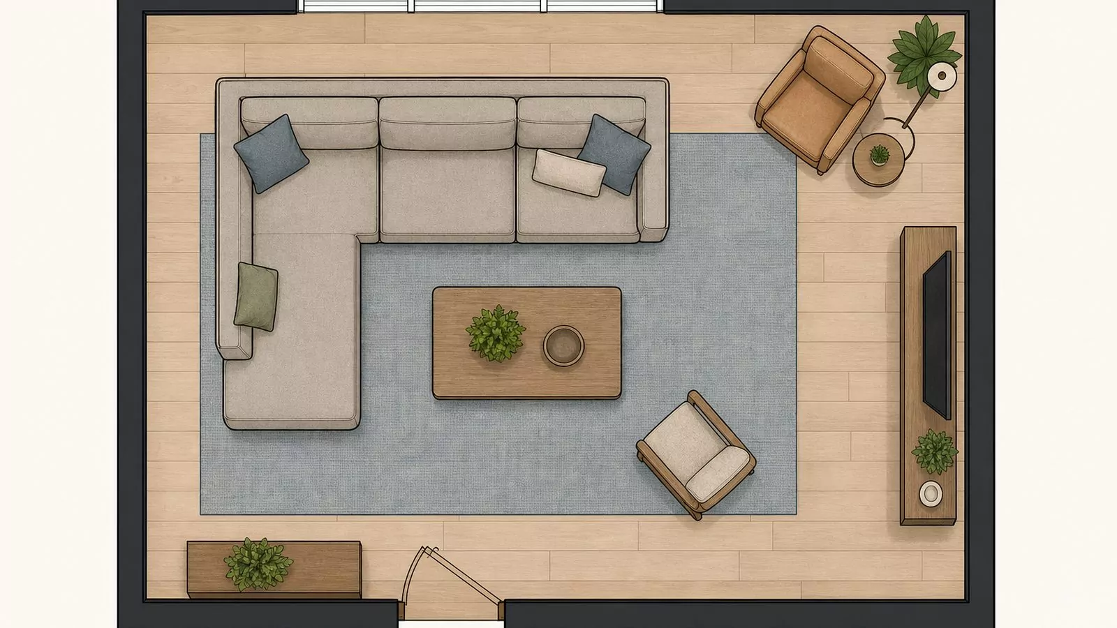 Top-down floor plan diagram with a main seating group and a reading nook of a chair, side table, and lamp tucked in the corner