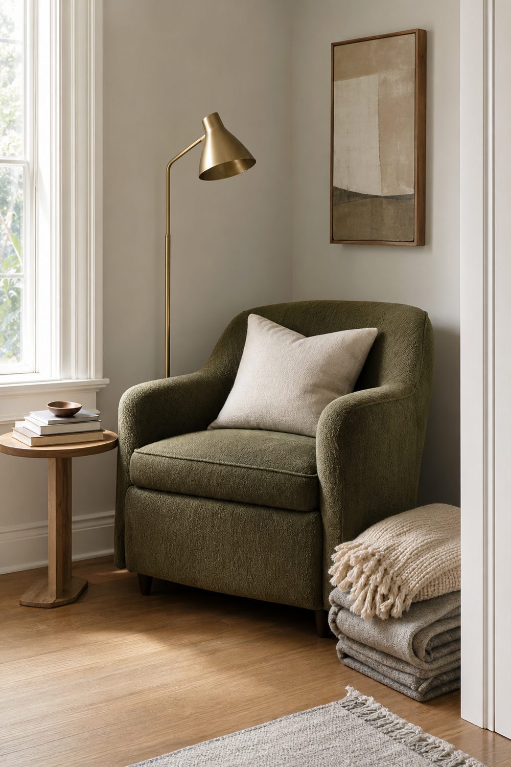 Forgotten corner turned into a reading nook with a compact lounge chair, slim side table, and arched floor lamp in an awkward living room