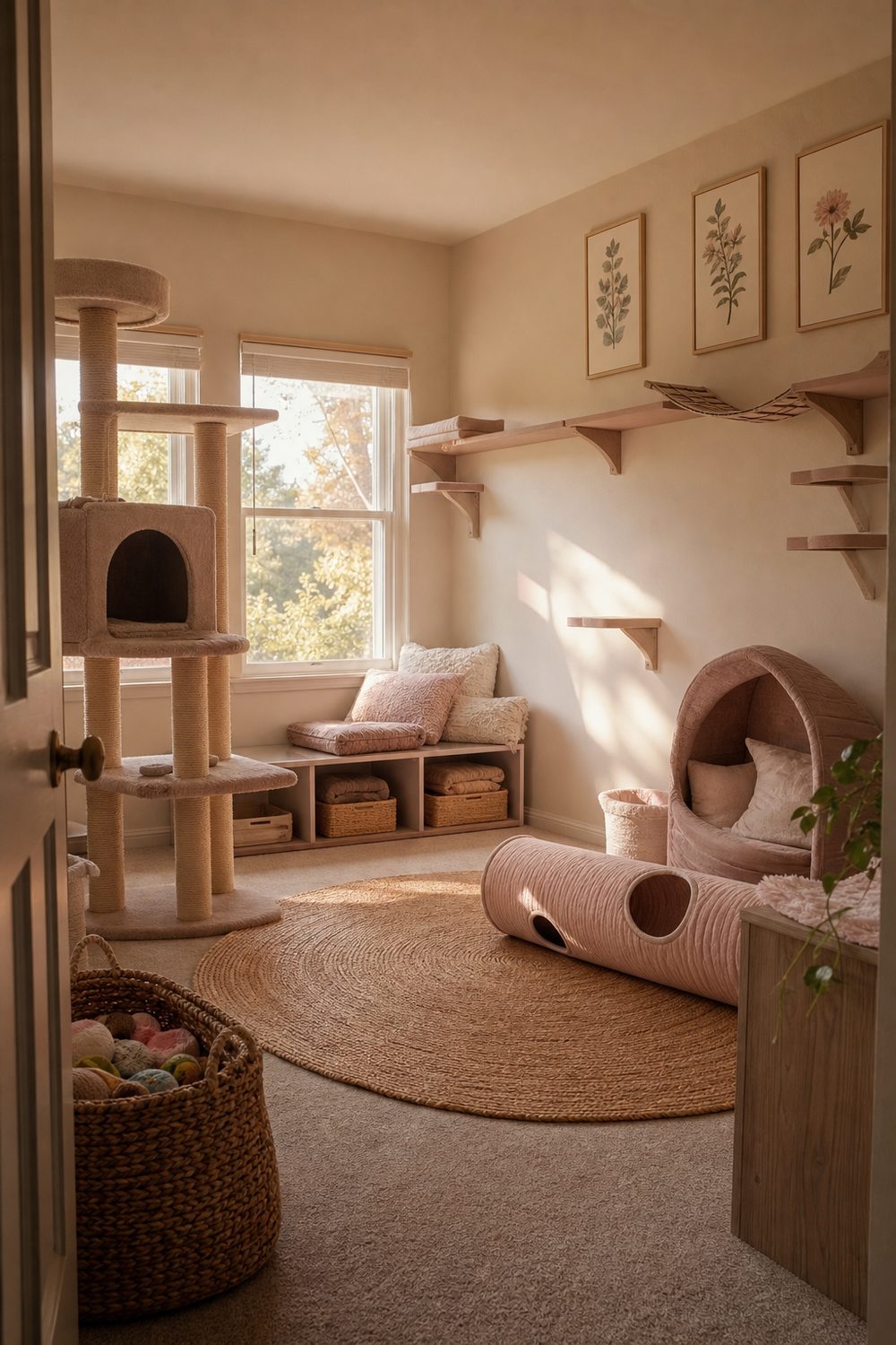 Spare bedroom converted to a cat playroom with cat tree, perimeter wall shelves, jute rug and toy basket