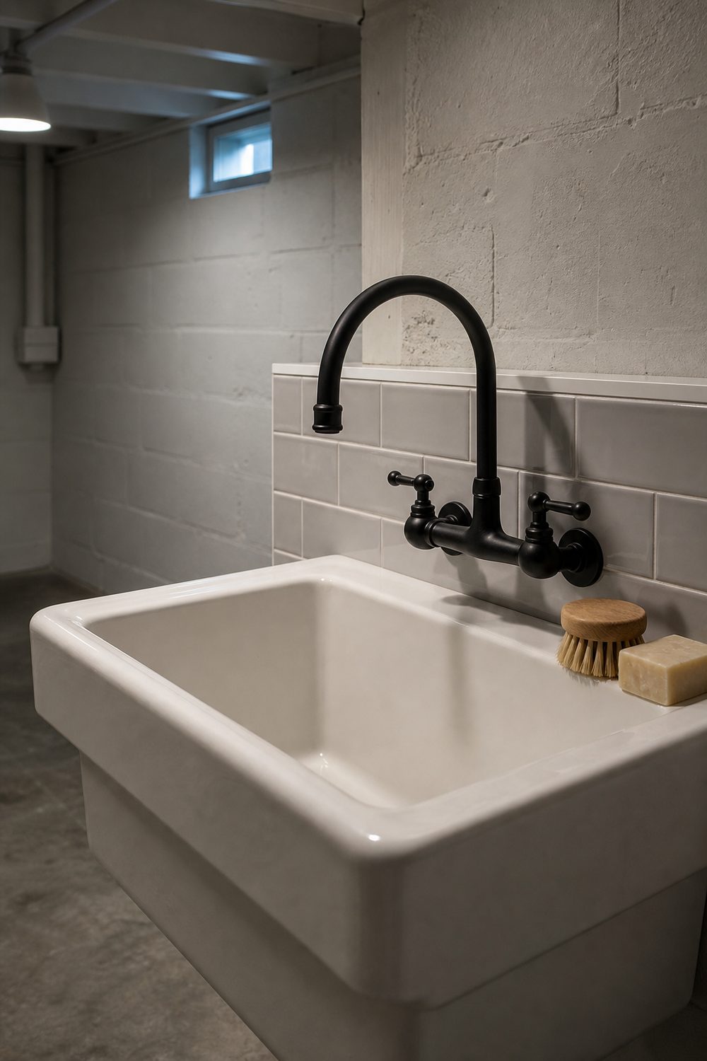 Deep white fireclay utility sink with a matte black wall mounted faucet and pale grey subway tile splash in a basement laundry room
