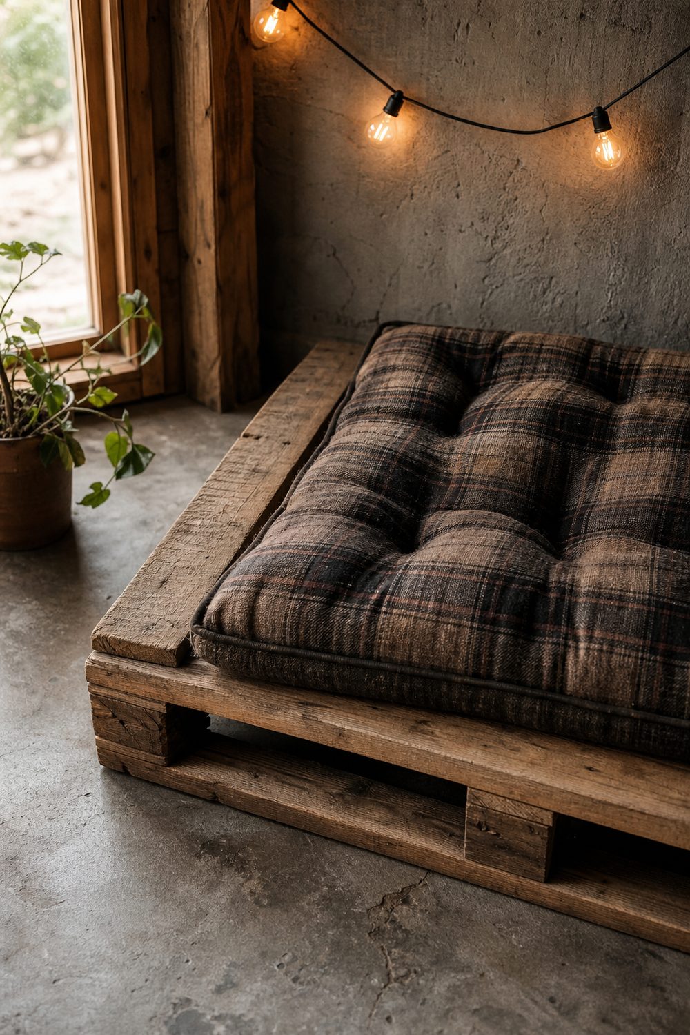 DIY pallet dog bed area with a reclaimed wood platform, plaid cushion, and warm Edison string lights