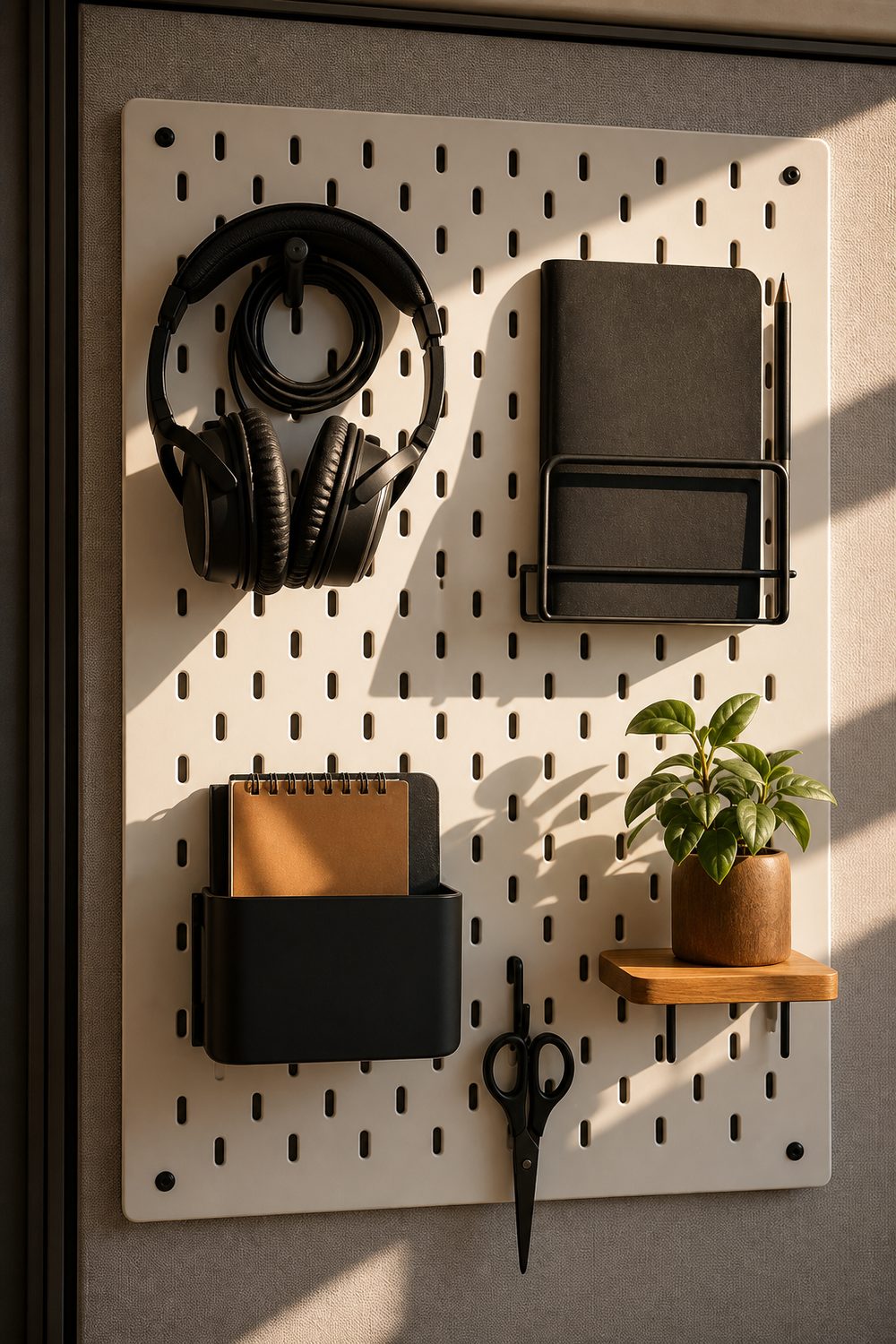 White pegboard on a cubicle panel organized with coiled headphones, a notepad holder, scissors, and a small wood plant shelf